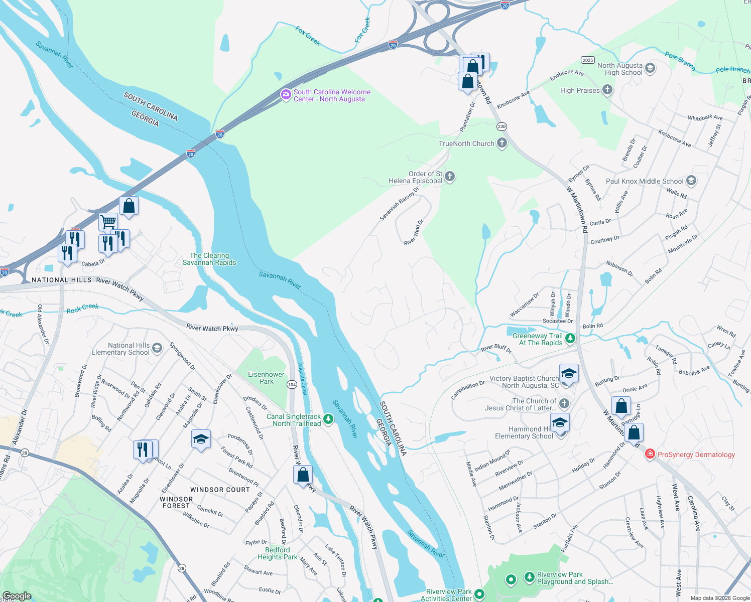 map of restaurants, bars, coffee shops, grocery stores, and more near 230 Osprey Point in North Augusta