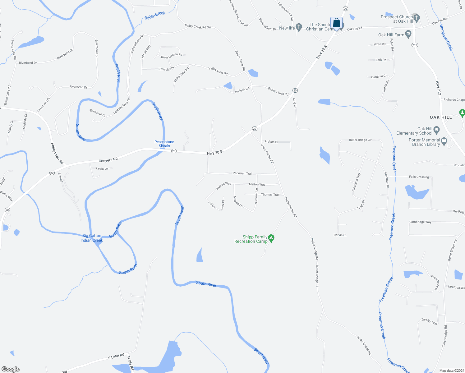 map of restaurants, bars, coffee shops, grocery stores, and more near 20 Mildred Lane in Covington