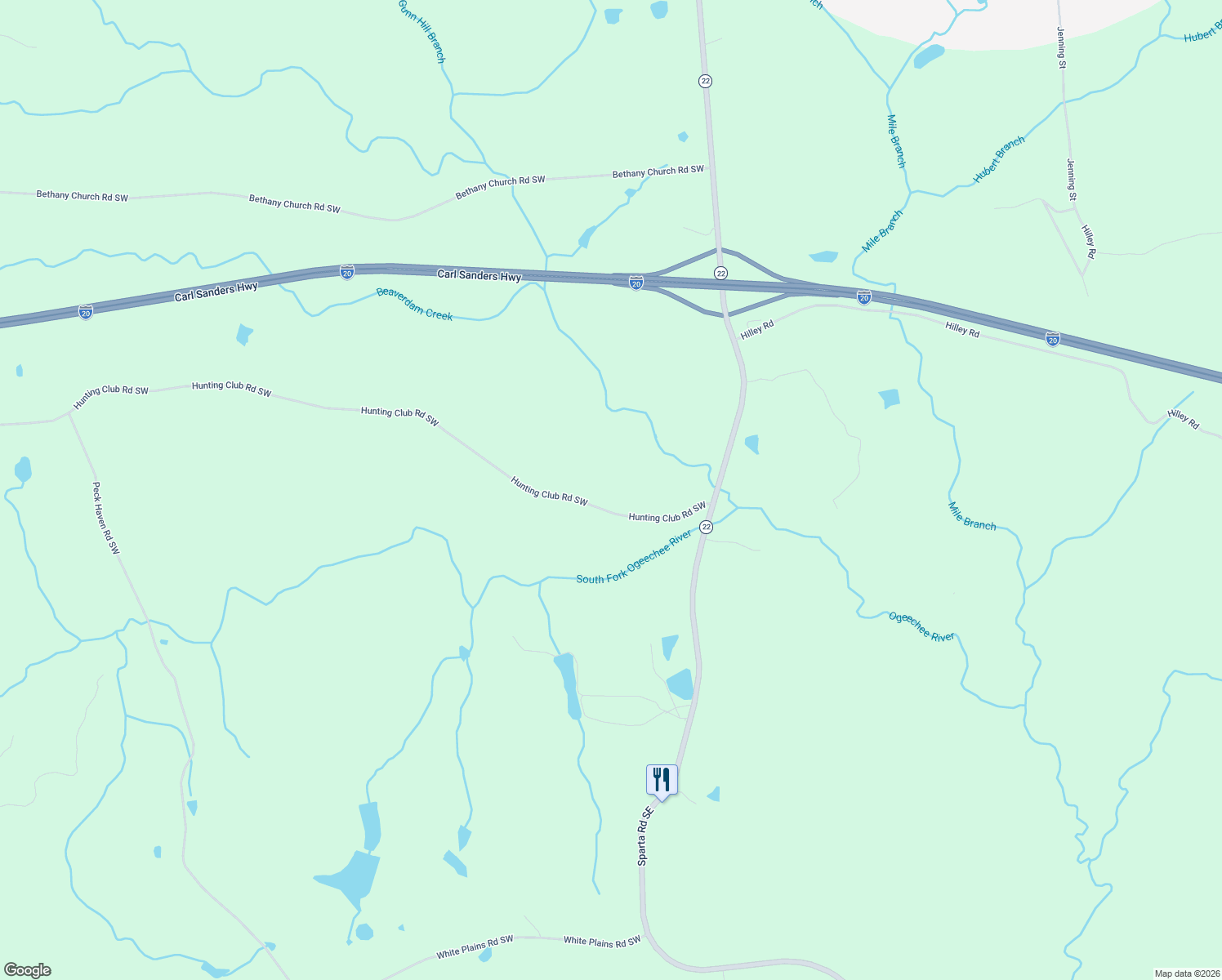 map of restaurants, bars, coffee shops, grocery stores, and more near 299 Hunting Club Road Southwest in Crawfordville
