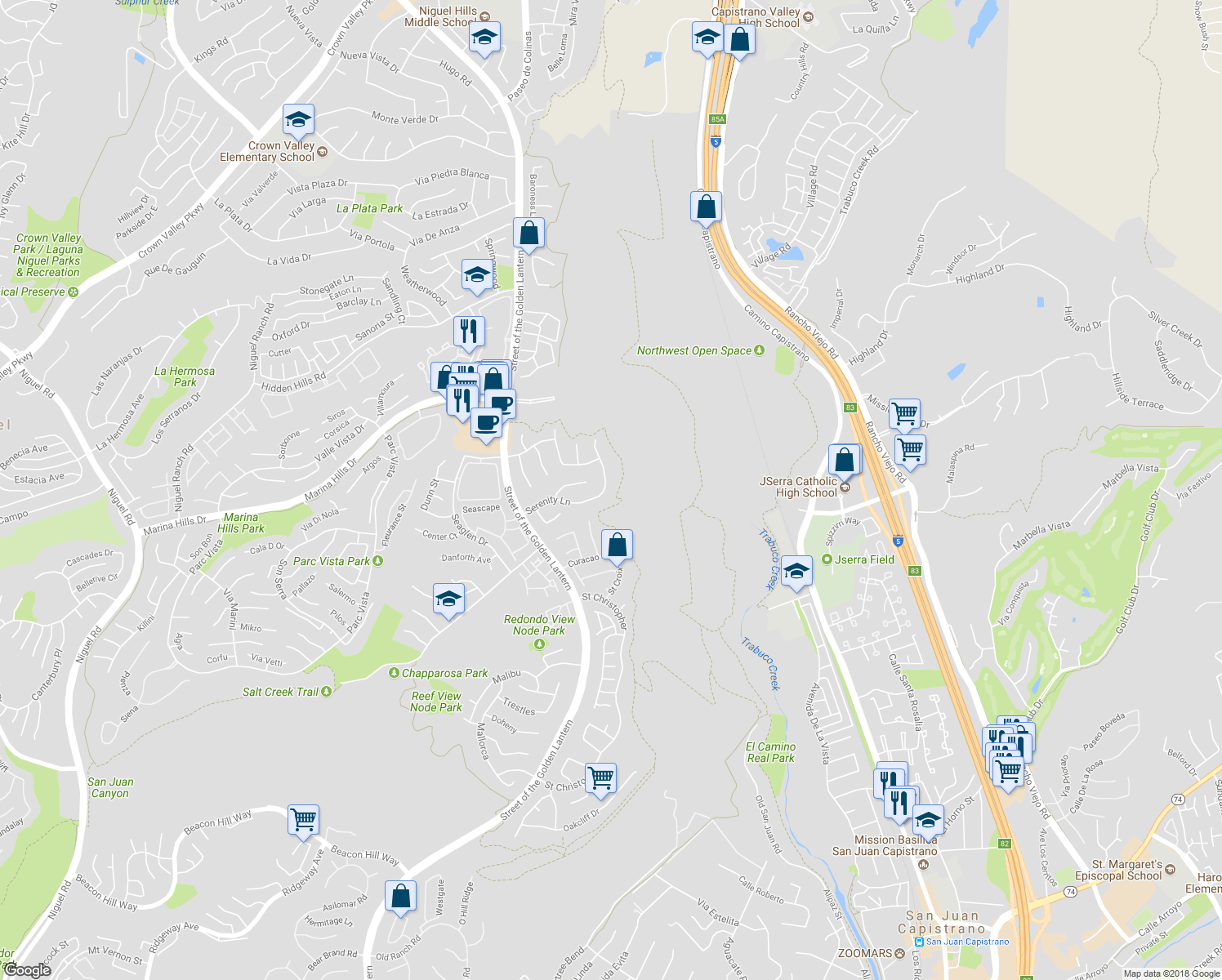 map of restaurants, bars, coffee shops, grocery stores, and more near 24 Knob Hill in Laguna Niguel