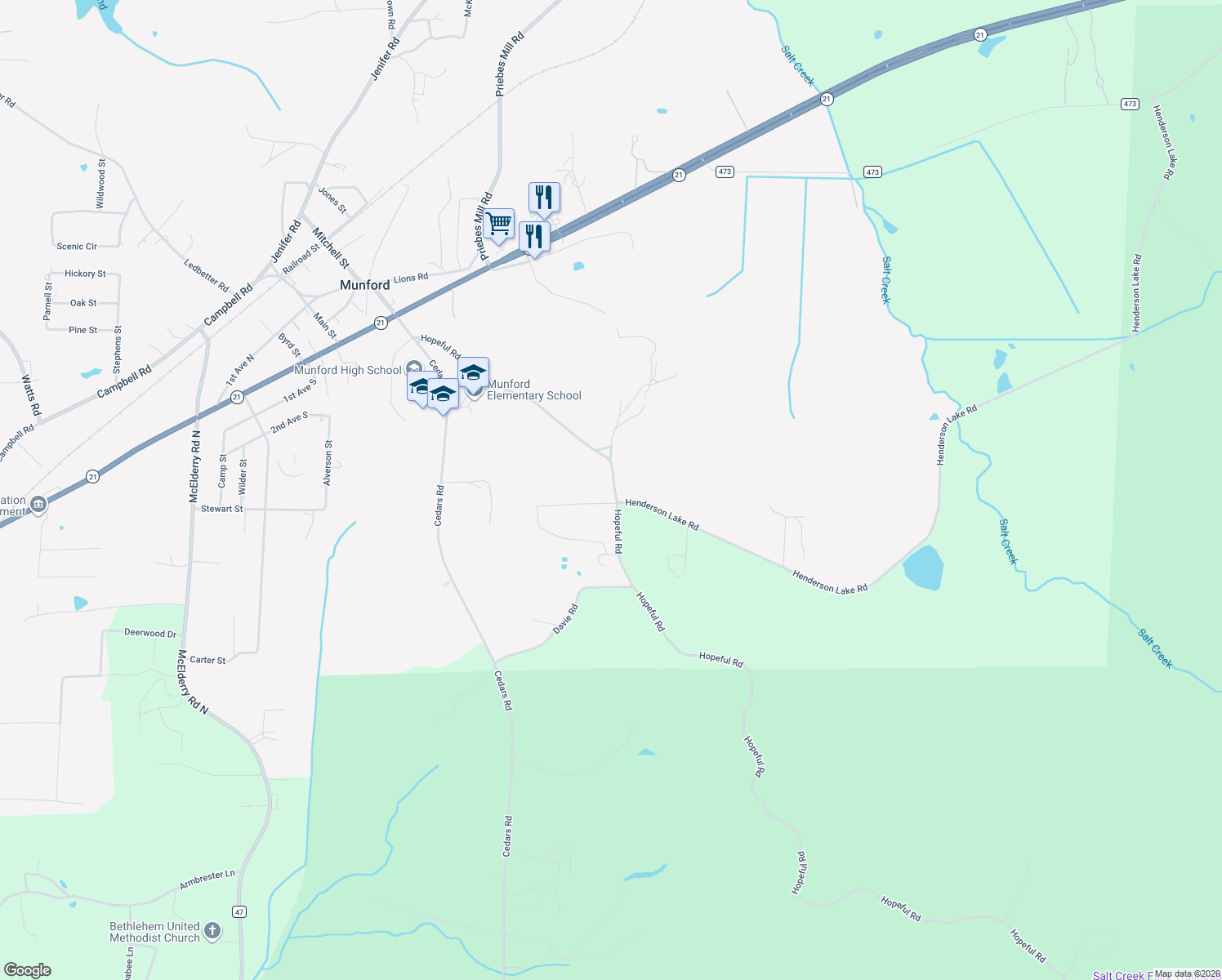 map of restaurants, bars, coffee shops, grocery stores, and more near 814 Hopeful Road in Munford