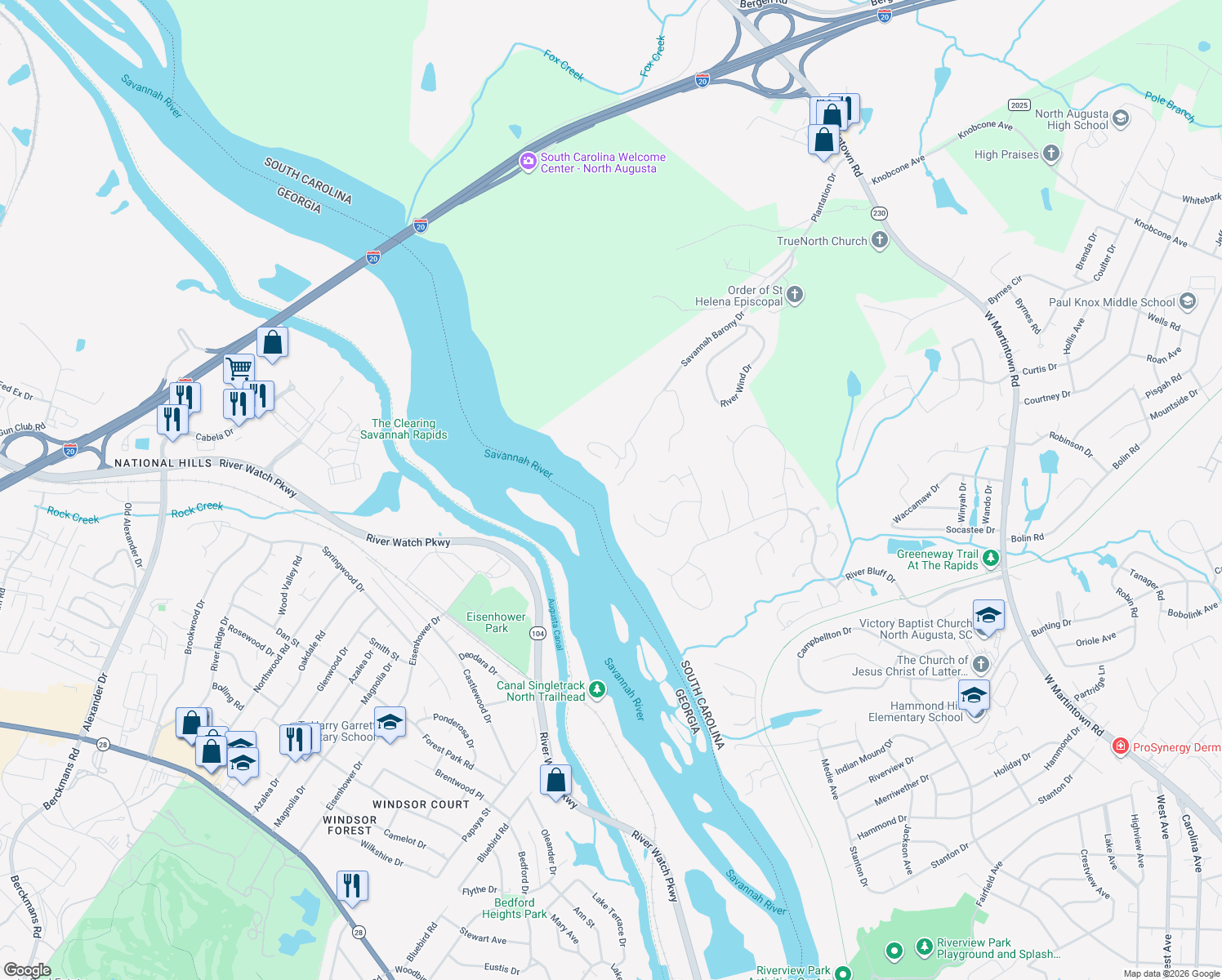 map of restaurants, bars, coffee shops, grocery stores, and more near 76 Shoals Way Court in North Augusta