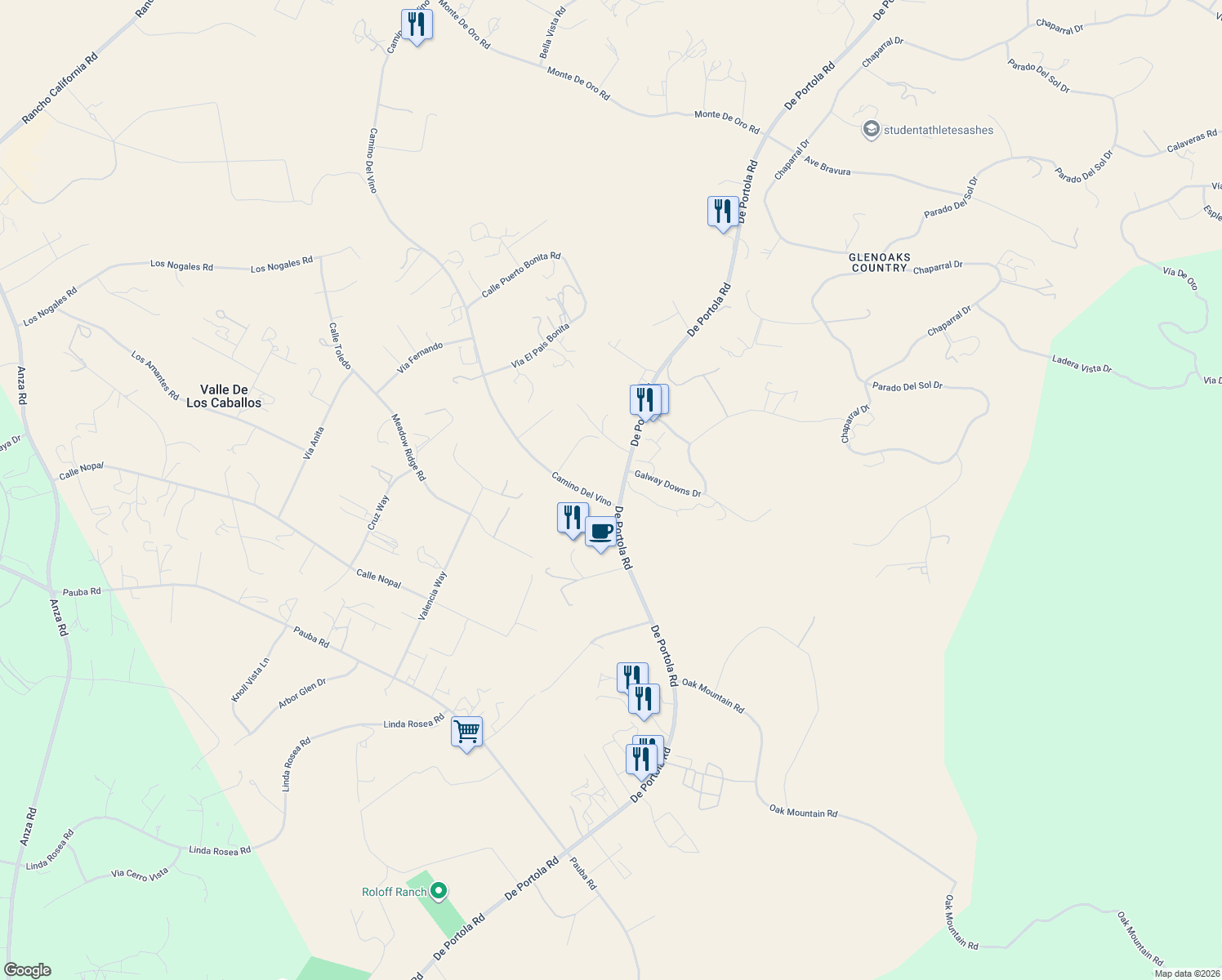map of restaurants, bars, coffee shops, grocery stores, and more near 38060 De Portola Road in Temecula