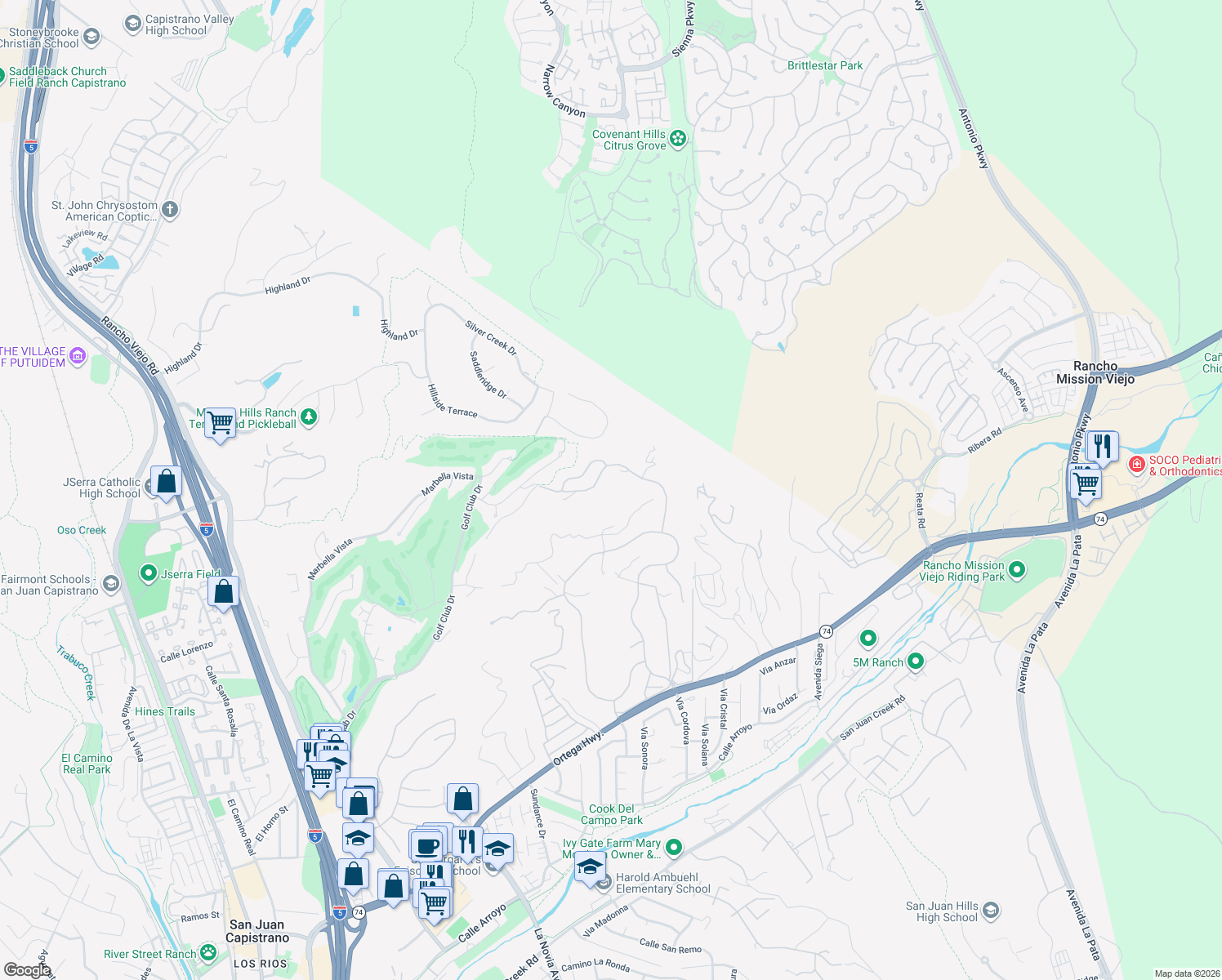 map of restaurants, bars, coffee shops, grocery stores, and more near 27821 Golden Ridge Lane in San Juan Capistrano
