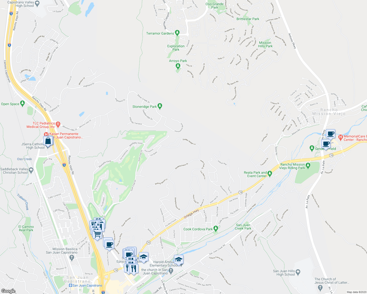 map of restaurants, bars, coffee shops, grocery stores, and more near 27821 Golden Ridge Lane in San Juan Capistrano