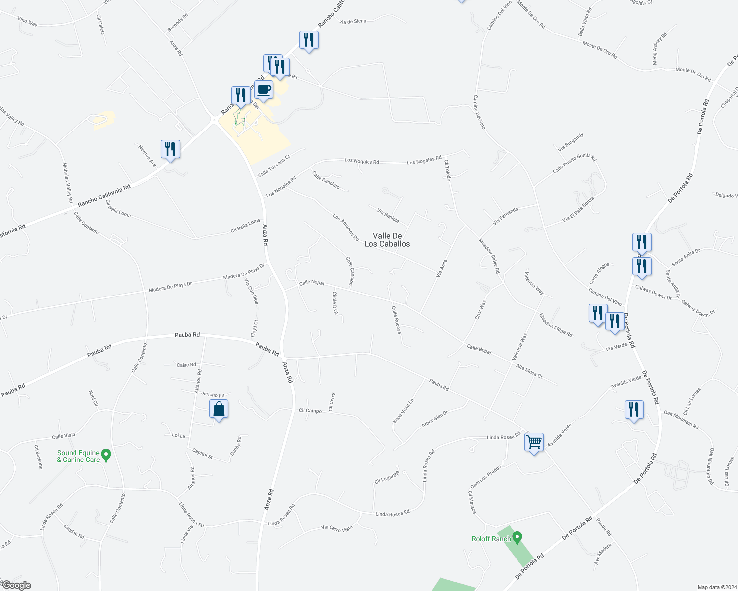 map of restaurants, bars, coffee shops, grocery stores, and more near 35433 Calle Nopal in Temecula