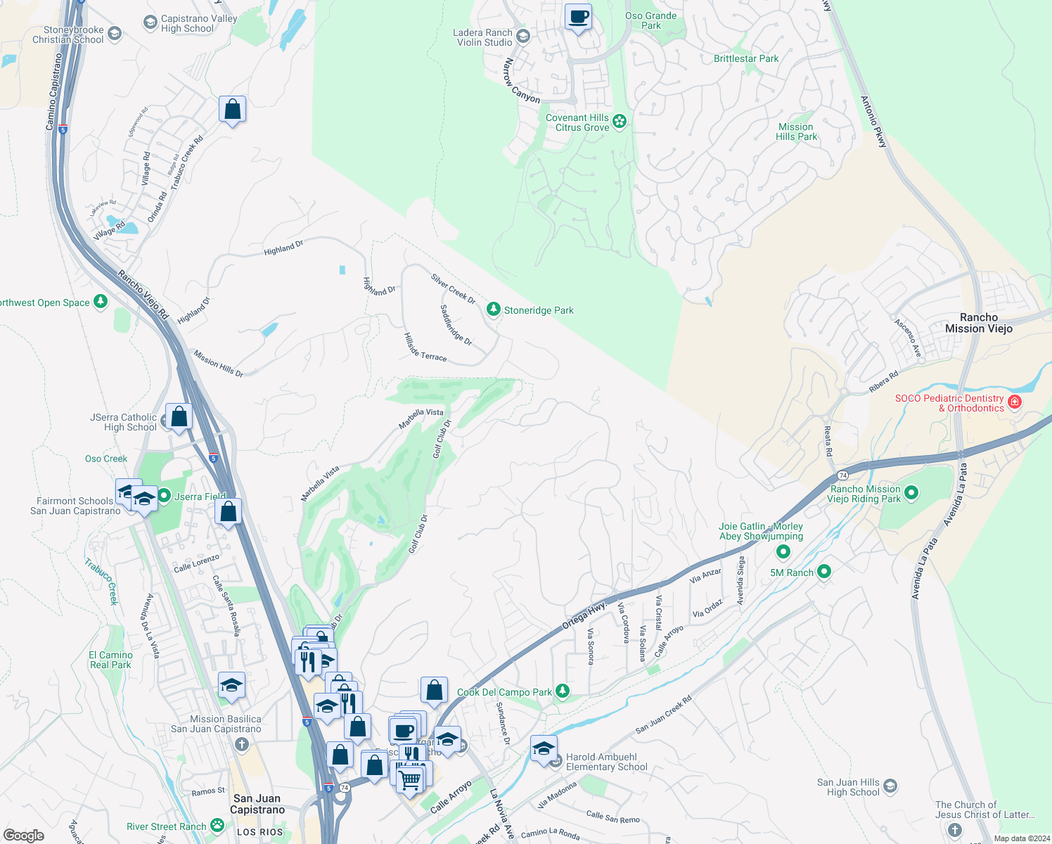 map of restaurants, bars, coffee shops, grocery stores, and more near 27746 Golden Ridge Lane in San Juan Capistrano