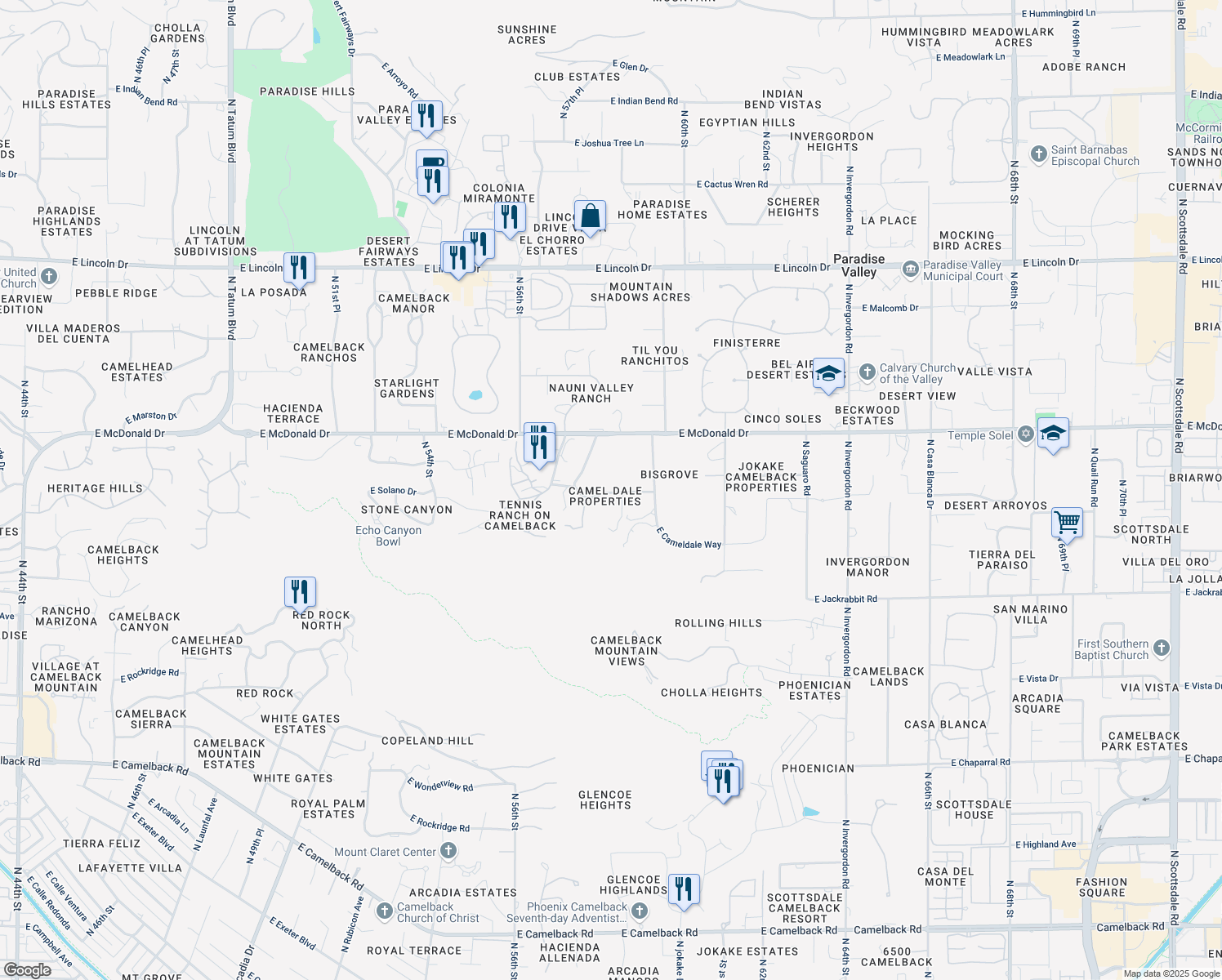 map of restaurants, bars, coffee shops, grocery stores, and more near 5800 East Starlight Way in Paradise Valley