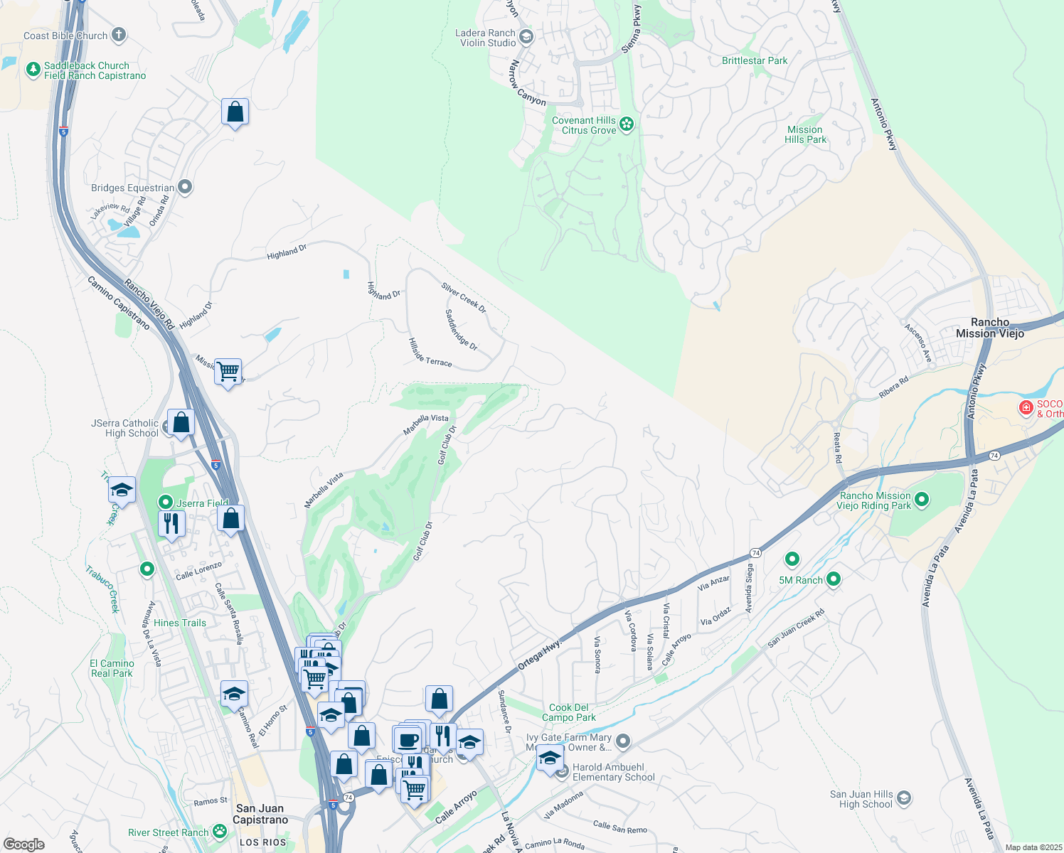 map of restaurants, bars, coffee shops, grocery stores, and more near 27746 Golden Ridge Lane in San Juan Capistrano