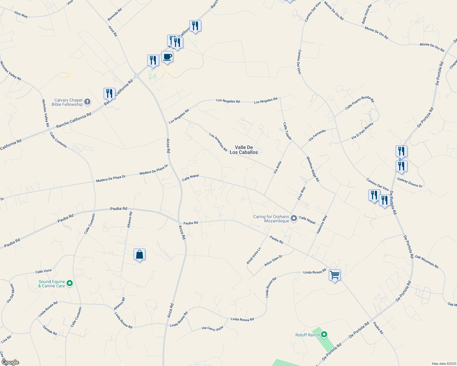 map of restaurants, bars, coffee shops, grocery stores, and more near 40920 Calle Cancion in Temecula