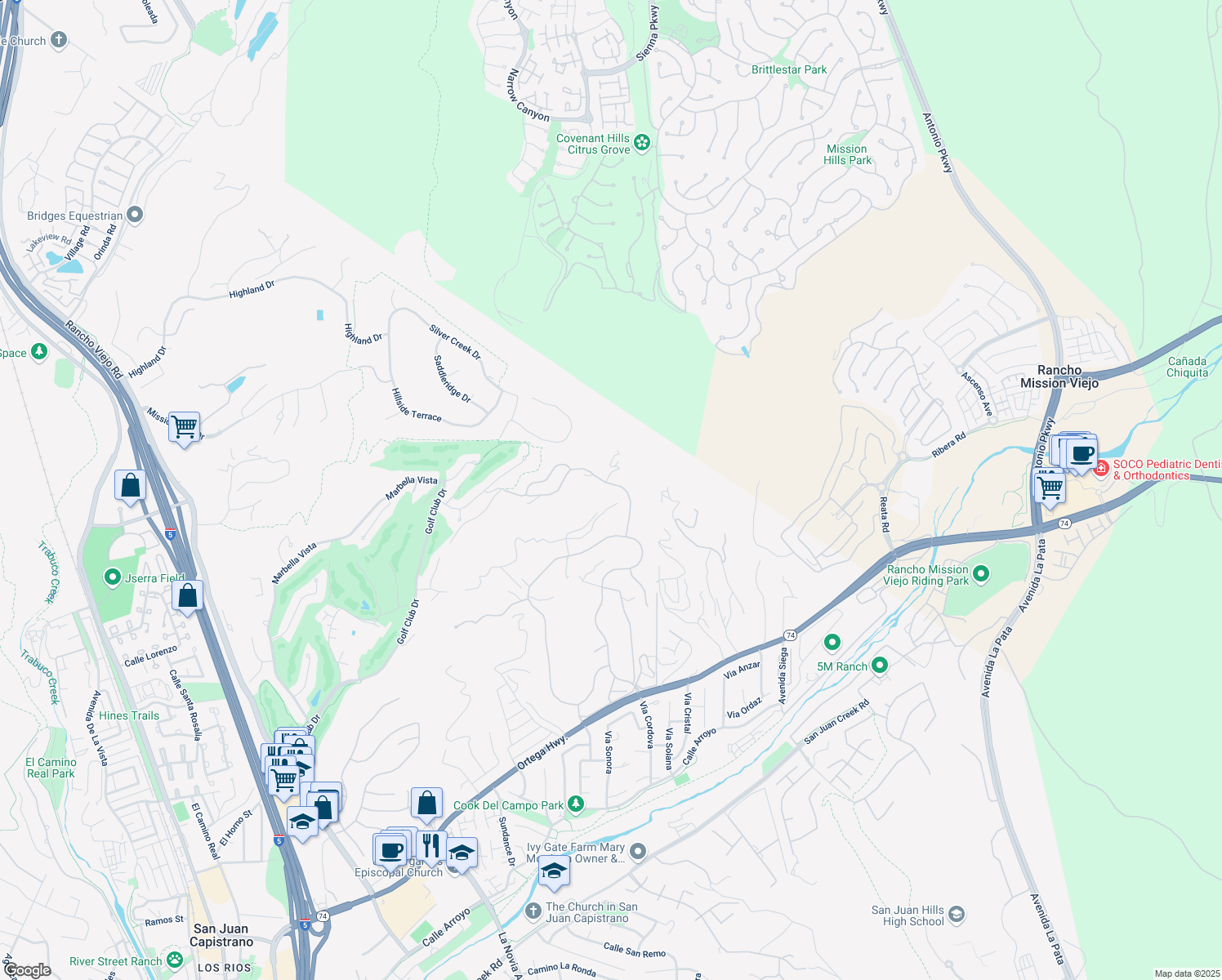 map of restaurants, bars, coffee shops, grocery stores, and more near 27971 Golden Ridge Lane in San Juan Capistrano