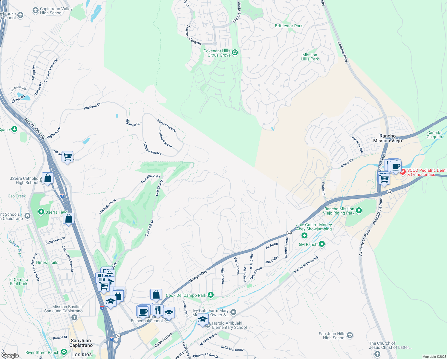 map of restaurants, bars, coffee shops, grocery stores, and more near 27971 Golden Ridge Lane in San Juan Capistrano