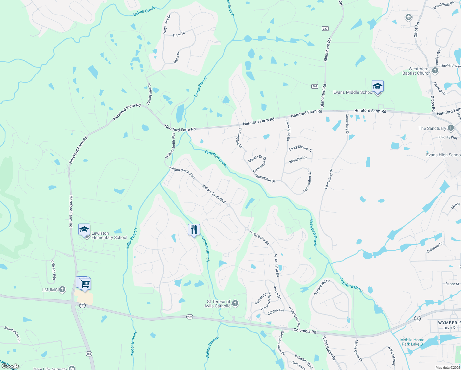 map of restaurants, bars, coffee shops, grocery stores, and more near 539 Oconee Circle in Evans