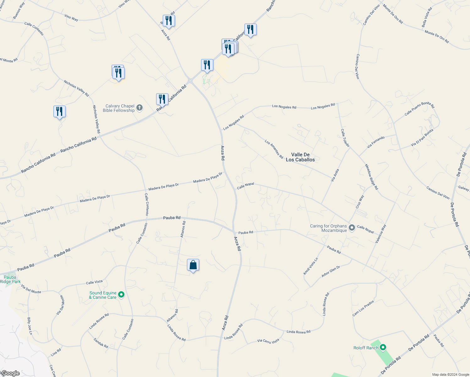 map of restaurants, bars, coffee shops, grocery stores, and more near Calle Nopal in Riverside County