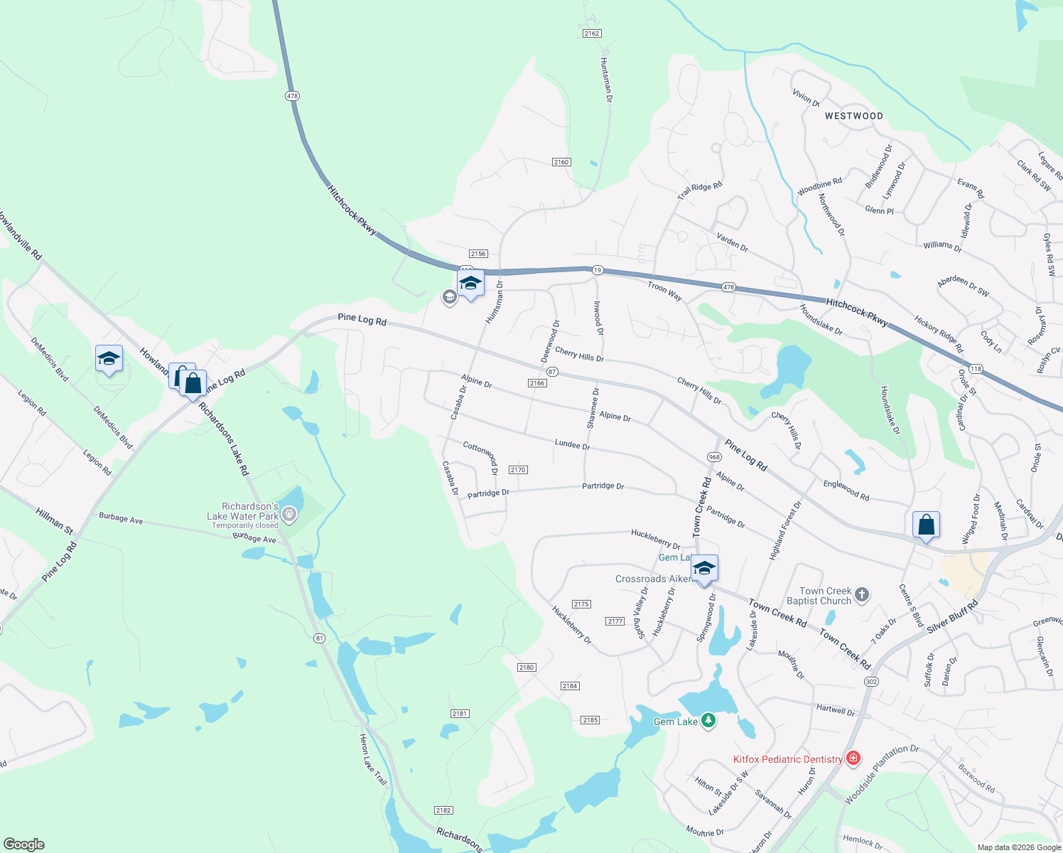 map of restaurants, bars, coffee shops, grocery stores, and more near 1850 Lundee Dr in Aiken