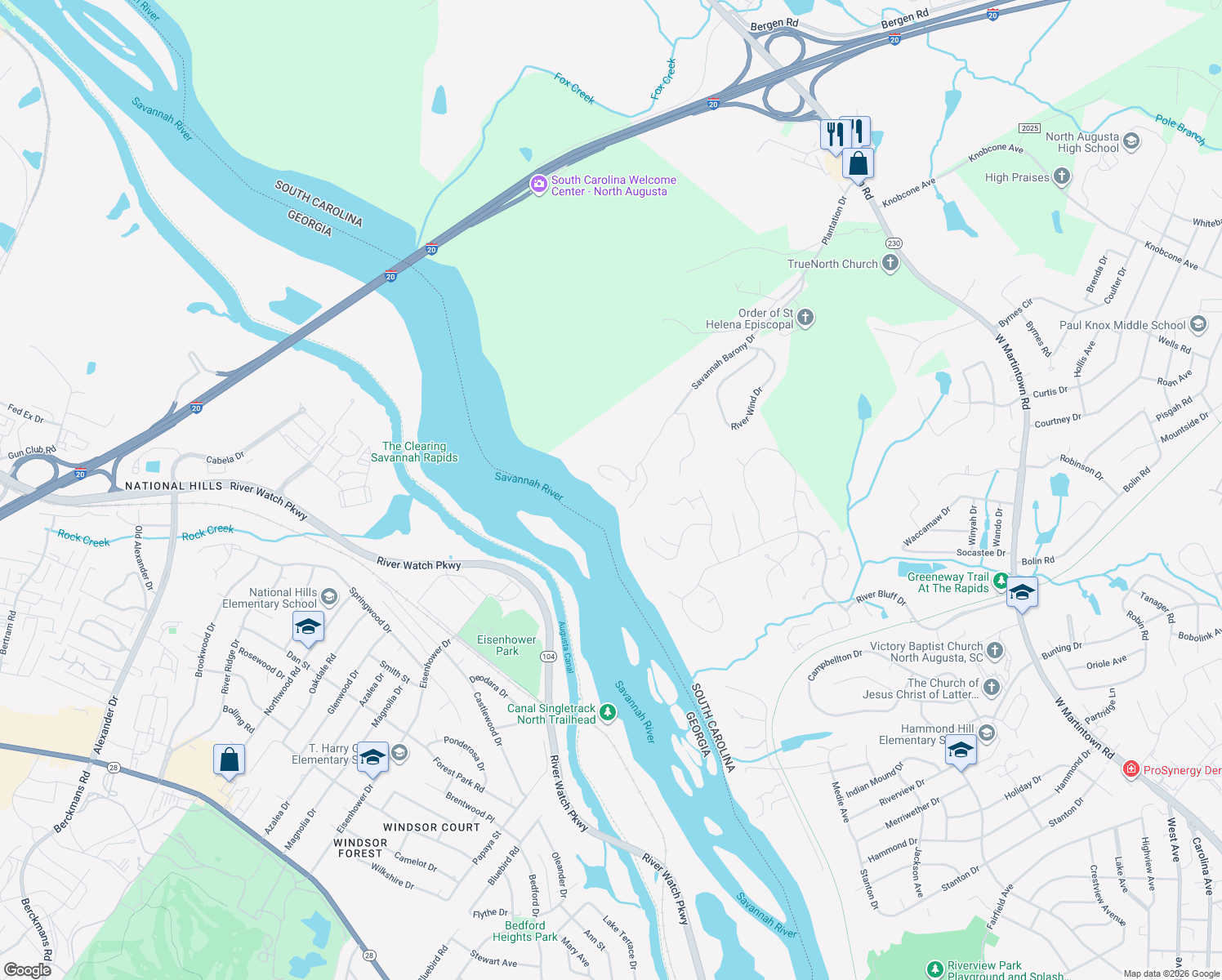 map of restaurants, bars, coffee shops, grocery stores, and more near 673 Rockbrook Lane in North Augusta