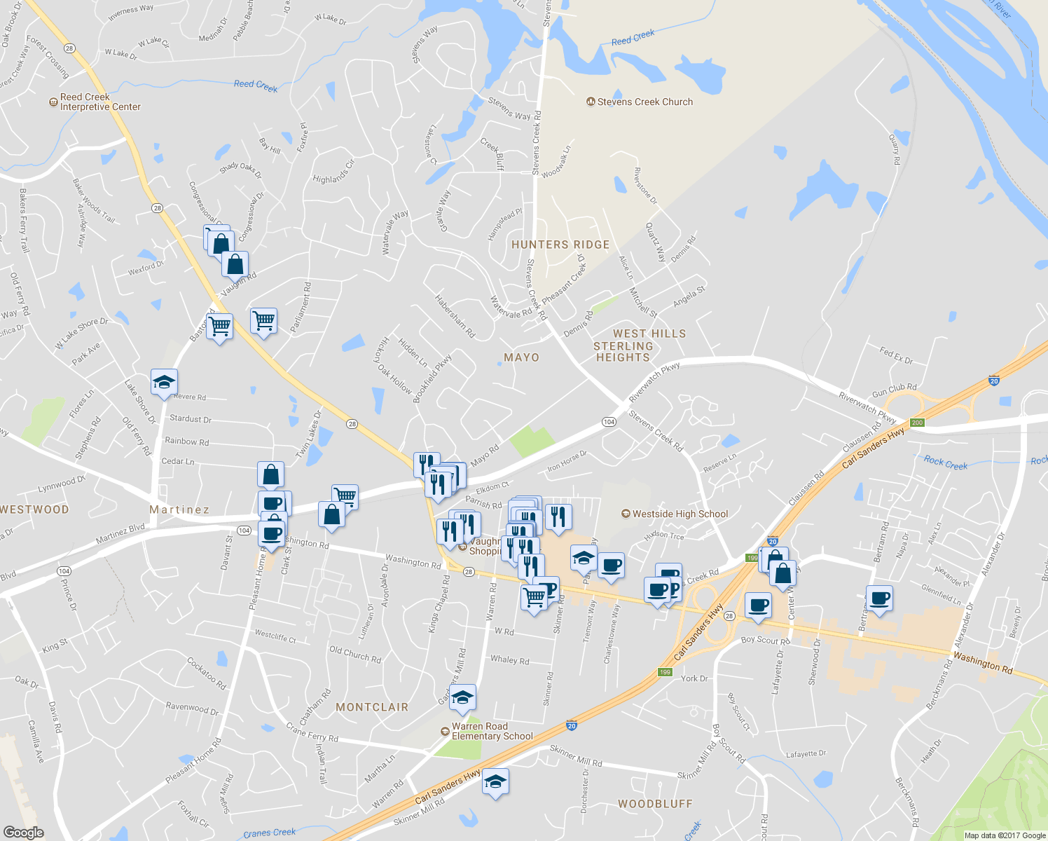 map of restaurants, bars, coffee shops, grocery stores, and more near 2735 Mayo Road in Augusta