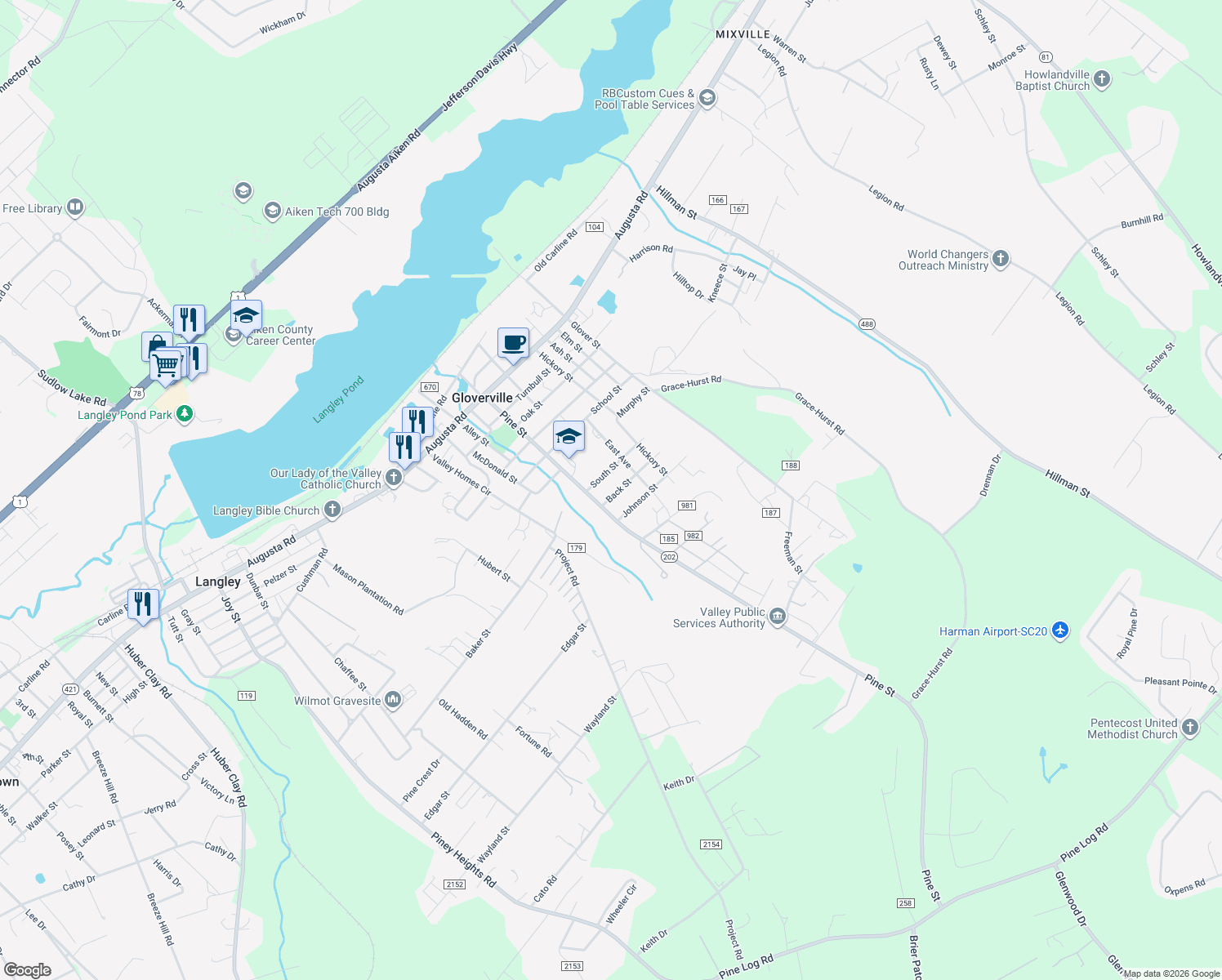 map of restaurants, bars, coffee shops, grocery stores, and more near 111 Back St in Gloverville