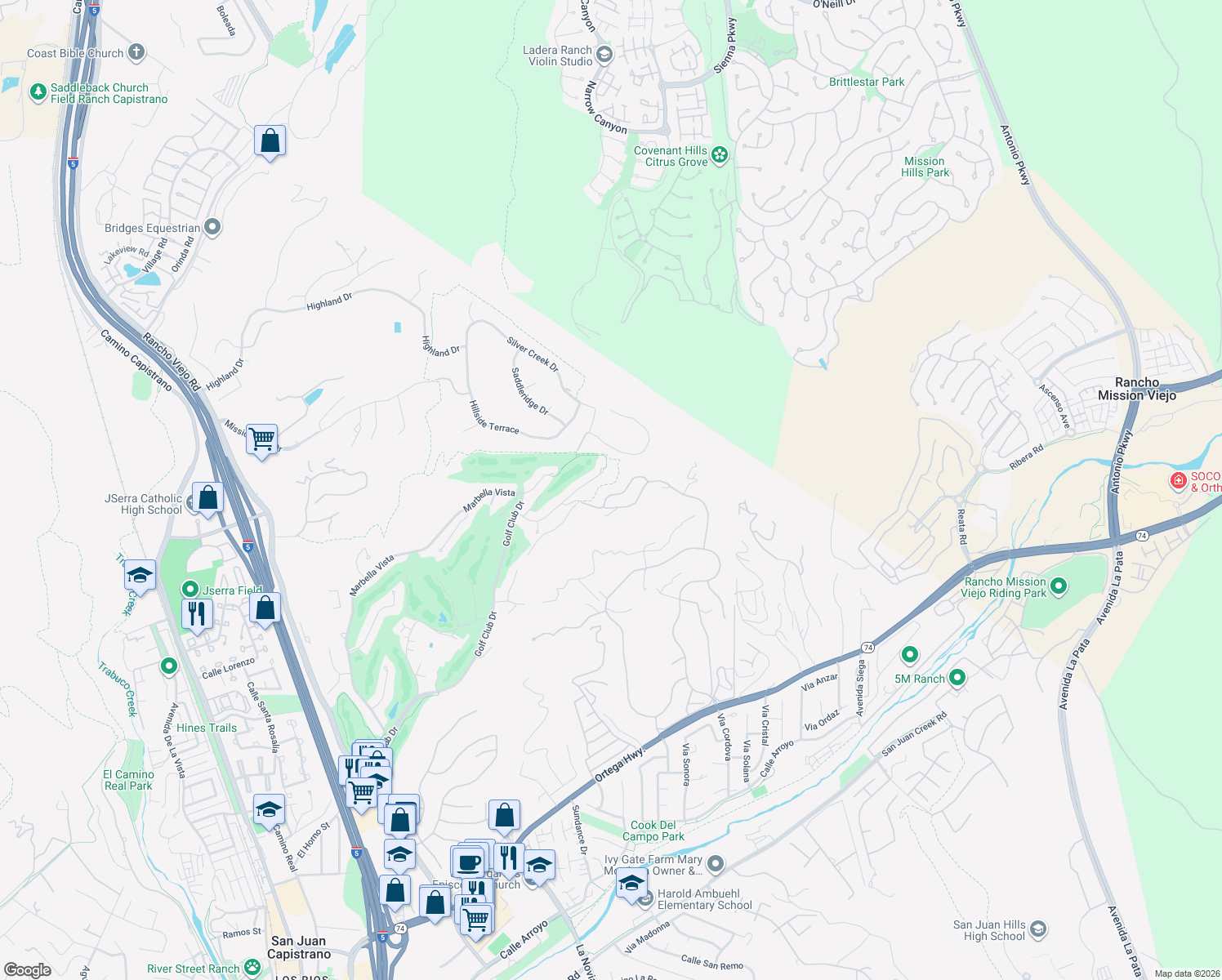 map of restaurants, bars, coffee shops, grocery stores, and more near 27748 Somerset Lane in San Juan Capistrano