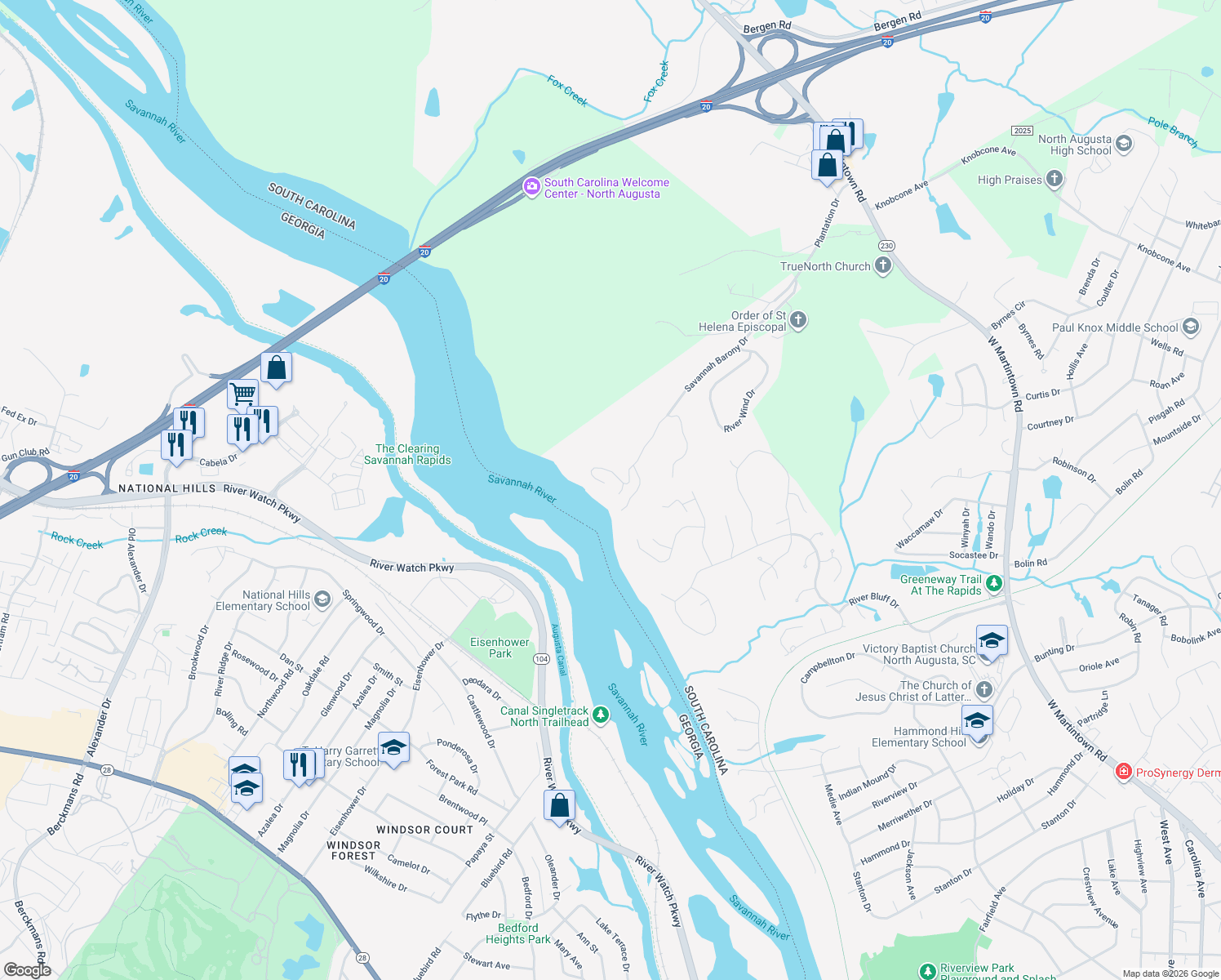 map of restaurants, bars, coffee shops, grocery stores, and more near 673 Rockbrook Lane in North Augusta