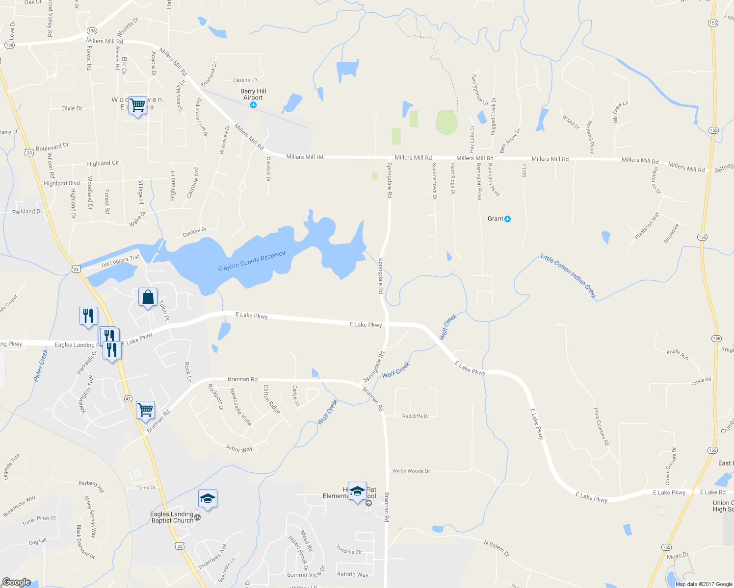 map of restaurants, bars, coffee shops, grocery stores, and more near 325 Springdale Road in Stockbridge