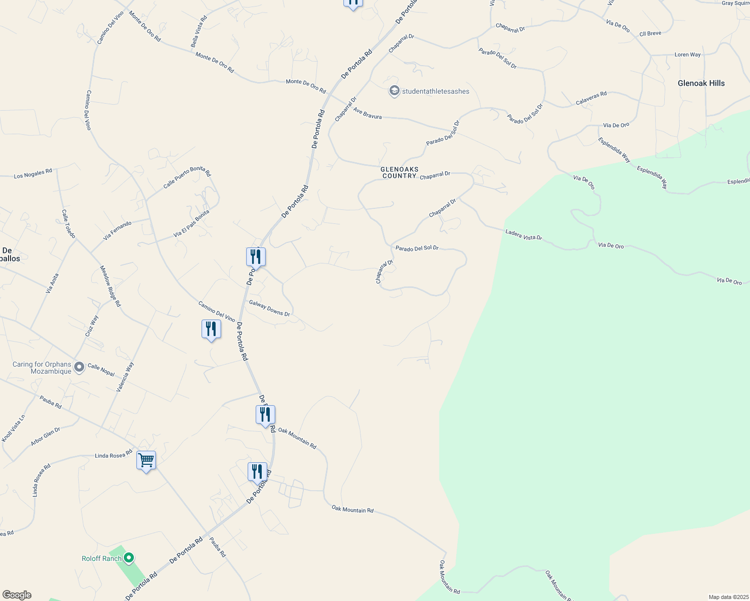 map of restaurants, bars, coffee shops, grocery stores, and more near Chaparral Drive in Riverside County