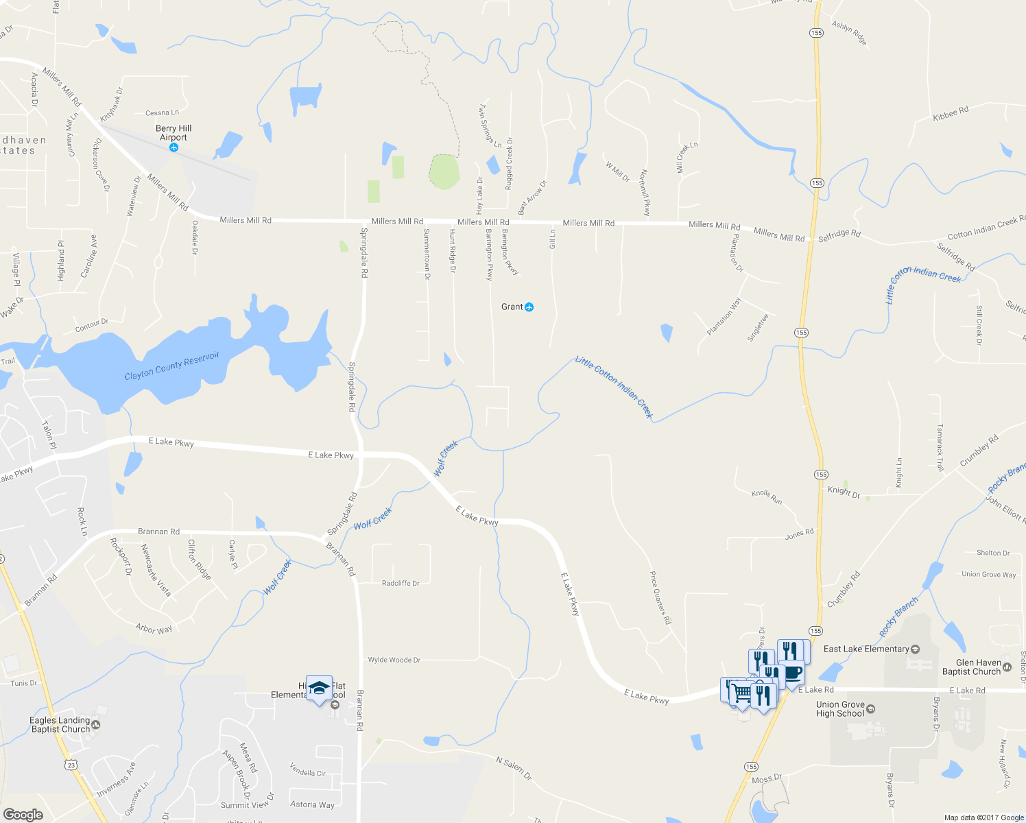 map of restaurants, bars, coffee shops, grocery stores, and more near 227 Biltmore Way in Stockbridge