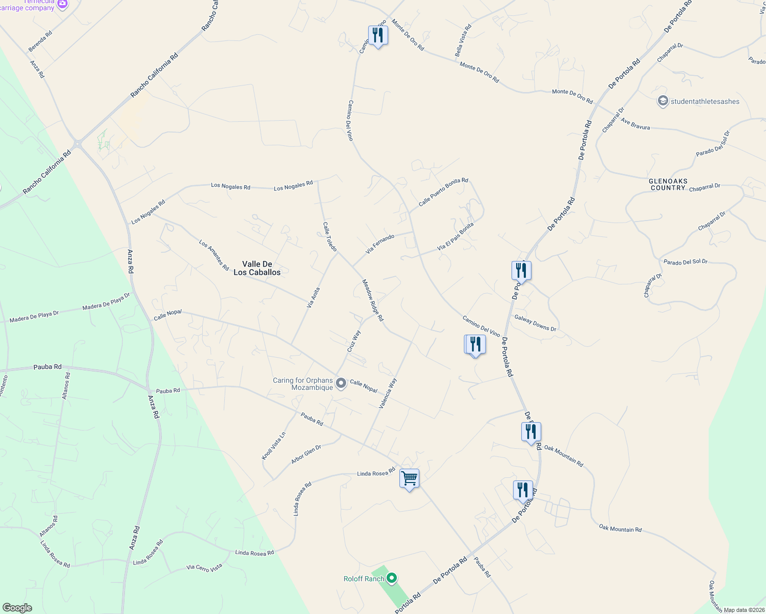 map of restaurants, bars, coffee shops, grocery stores, and more near 35890 Meadow Ridge Road in Temecula