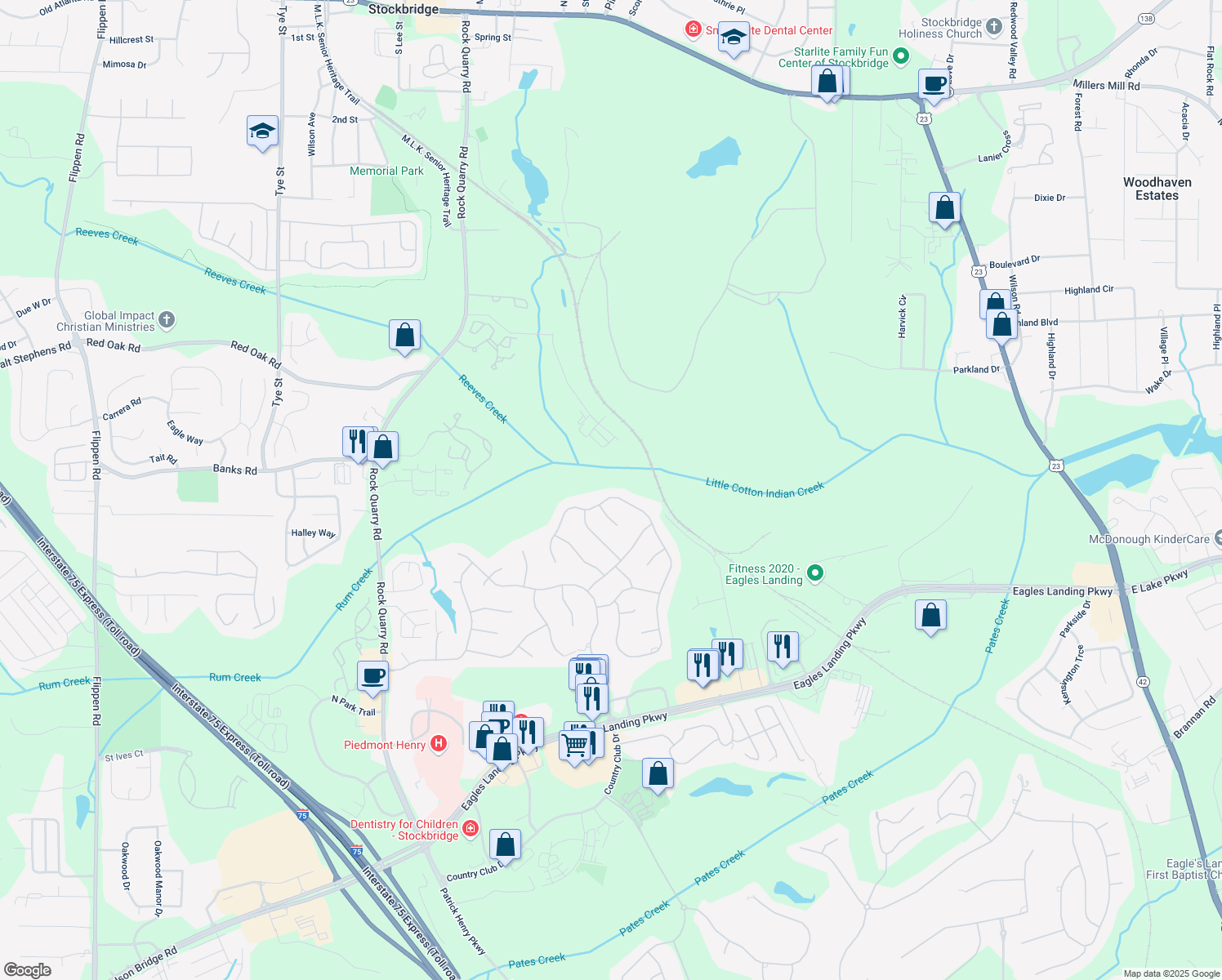 map of restaurants, bars, coffee shops, grocery stores, and more near 795 Deerwood Drive in Stockbridge