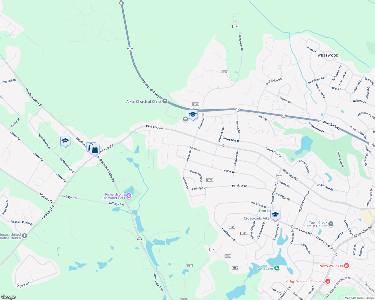 map of restaurants, bars, coffee shops, grocery stores, and more near 2105 Casaba Dr in Aiken