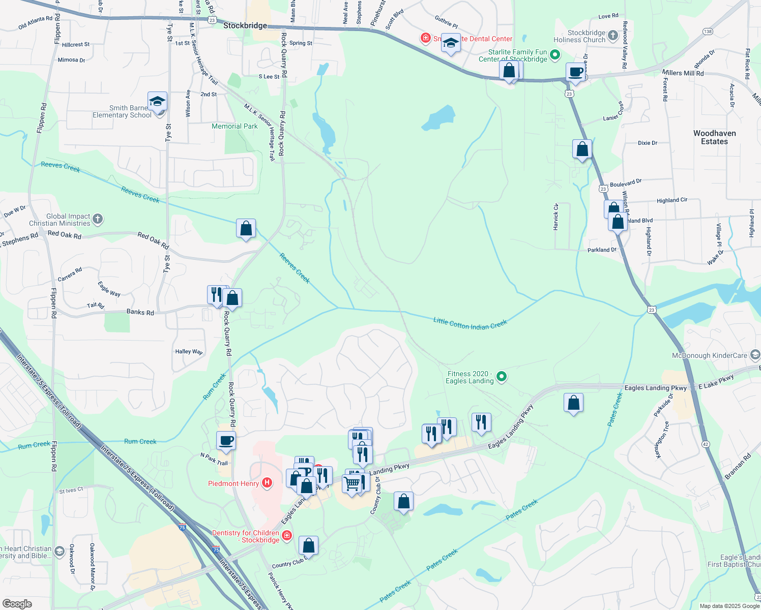 map of restaurants, bars, coffee shops, grocery stores, and more near 1420 Rum Creek Parkway in Stockbridge