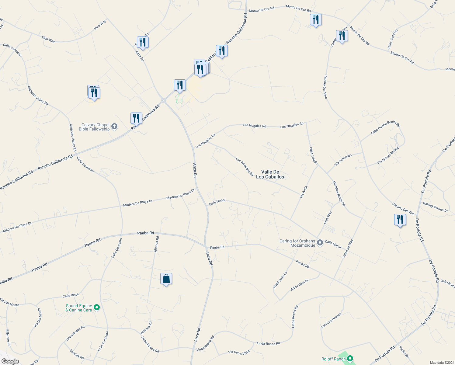 map of restaurants, bars, coffee shops, grocery stores, and more near 35105 Calle La Coca in Temecula