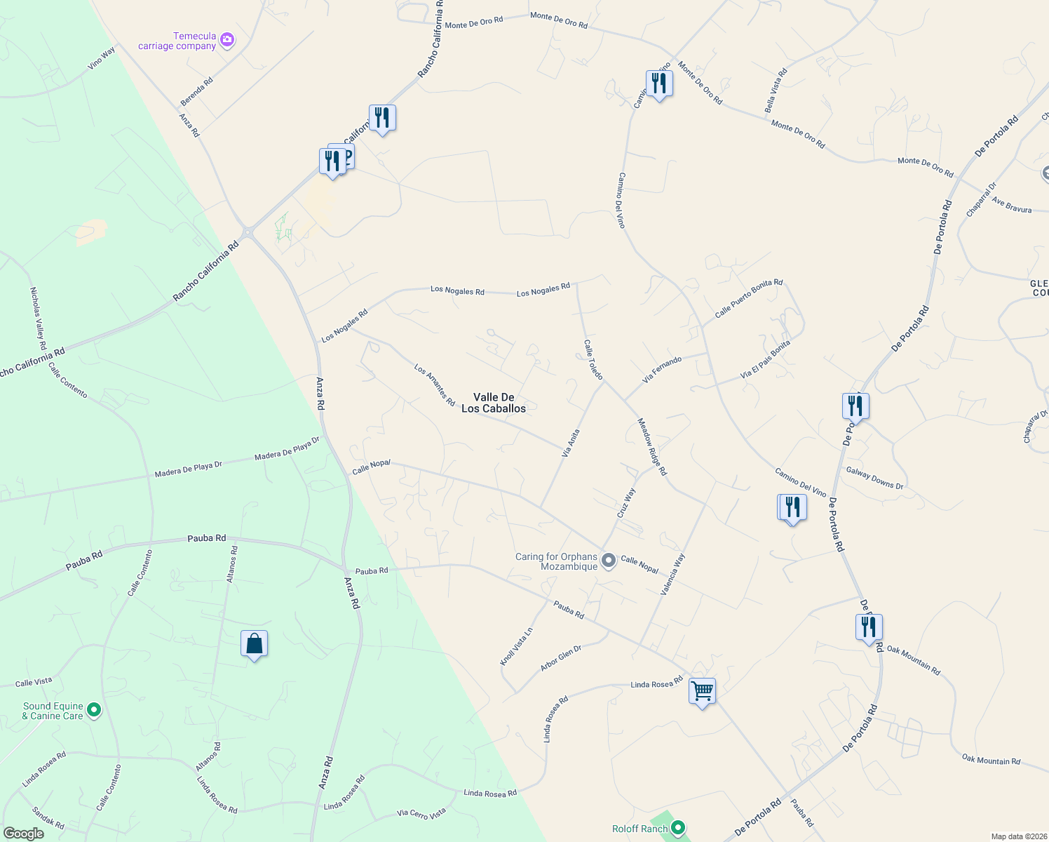 map of restaurants, bars, coffee shops, grocery stores, and more near 41330 Vía Carlotta in Temecula