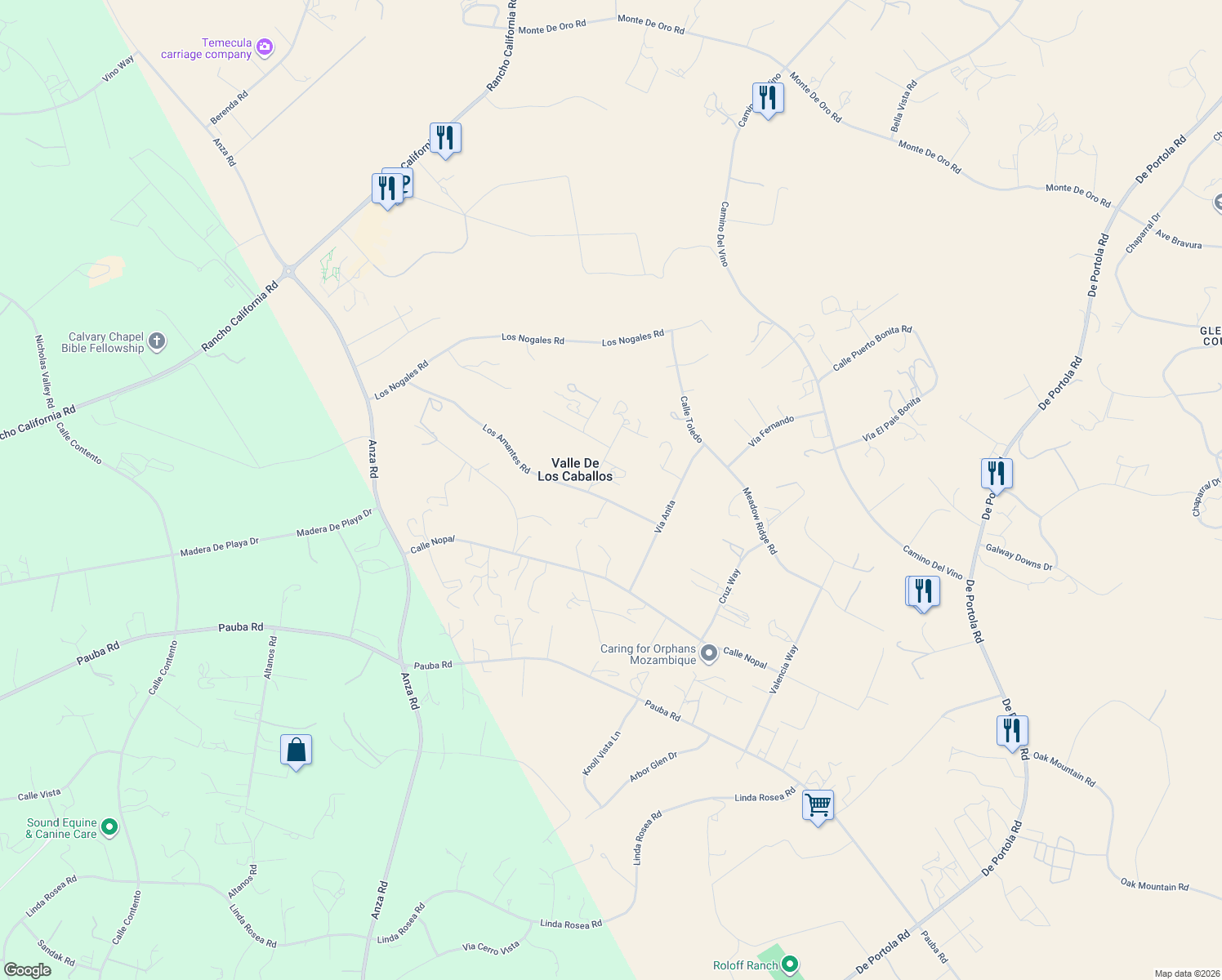 map of restaurants, bars, coffee shops, grocery stores, and more near 41330 Vía Carlotta in Temecula