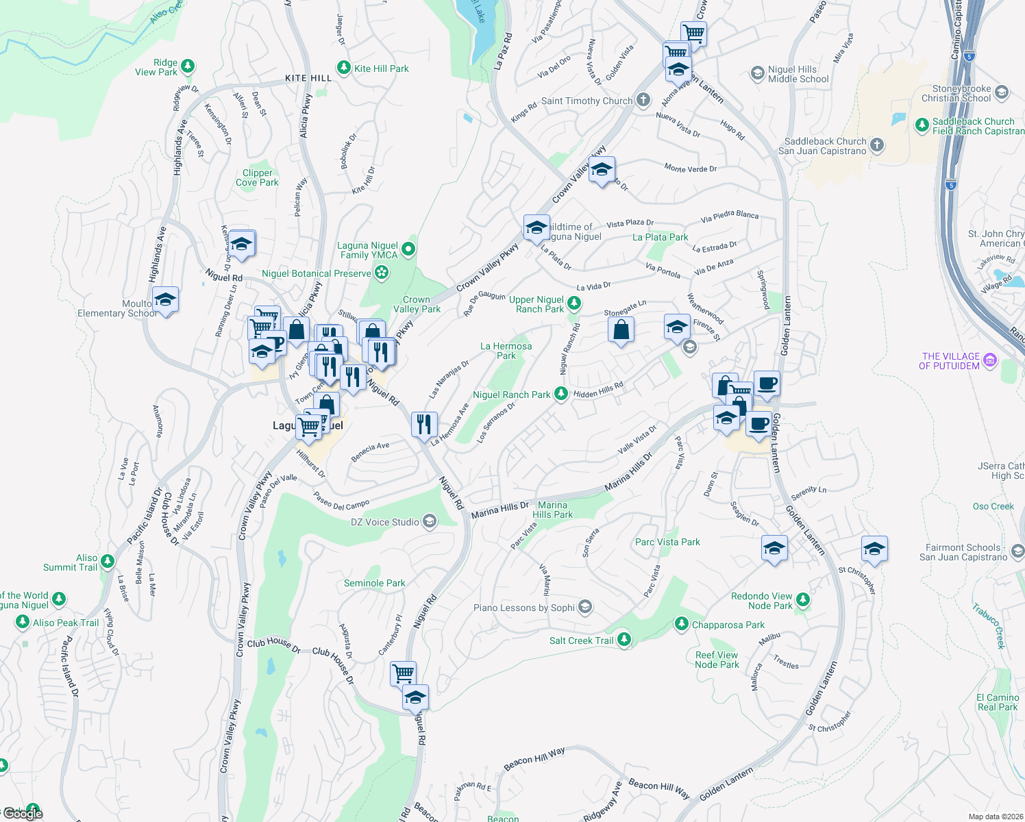 map of restaurants, bars, coffee shops, grocery stores, and more near 24452 Los Serranos Drive in Laguna Niguel