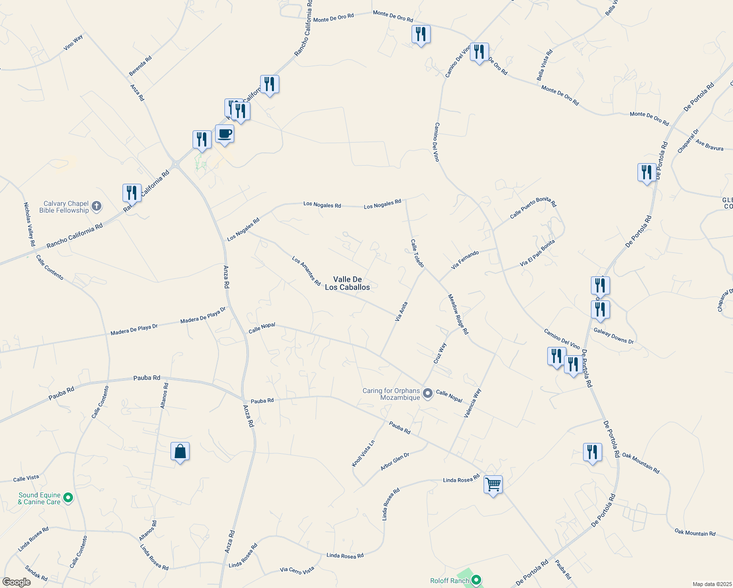 map of restaurants, bars, coffee shops, grocery stores, and more near 41330 Vía Carlotta in Temecula