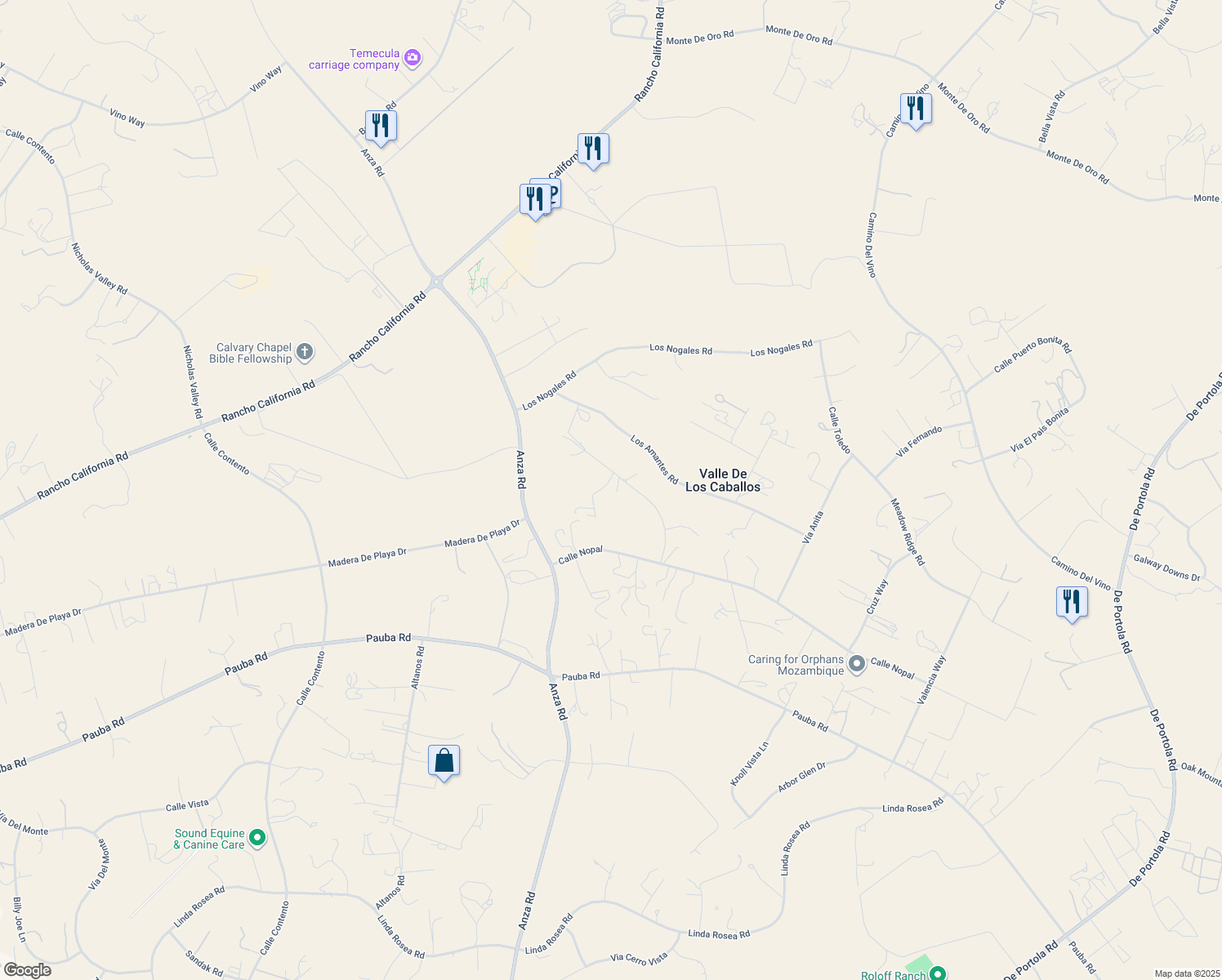 map of restaurants, bars, coffee shops, grocery stores, and more near 35105 Calle La Coca in Temecula