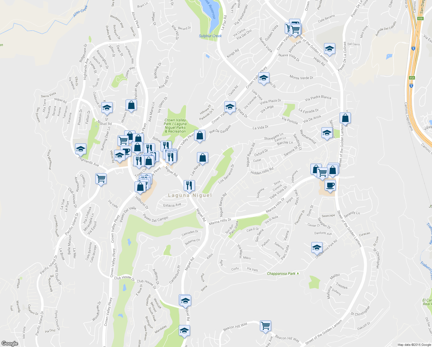 map of restaurants, bars, coffee shops, grocery stores, and more near 30152 Los Tules Ct in Laguna Niguel