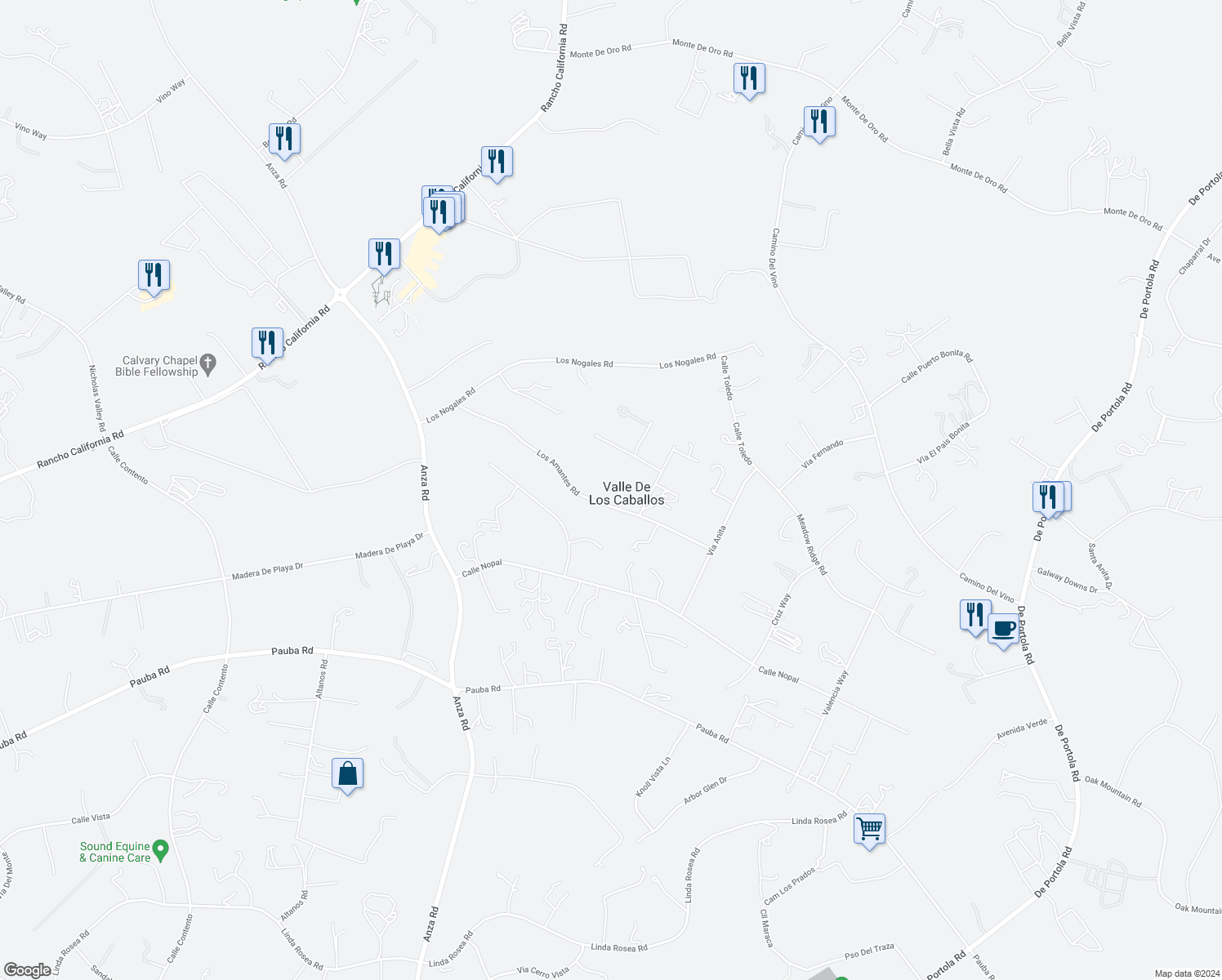 map of restaurants, bars, coffee shops, grocery stores, and more near 41026 Los Amantes Road in Temecula