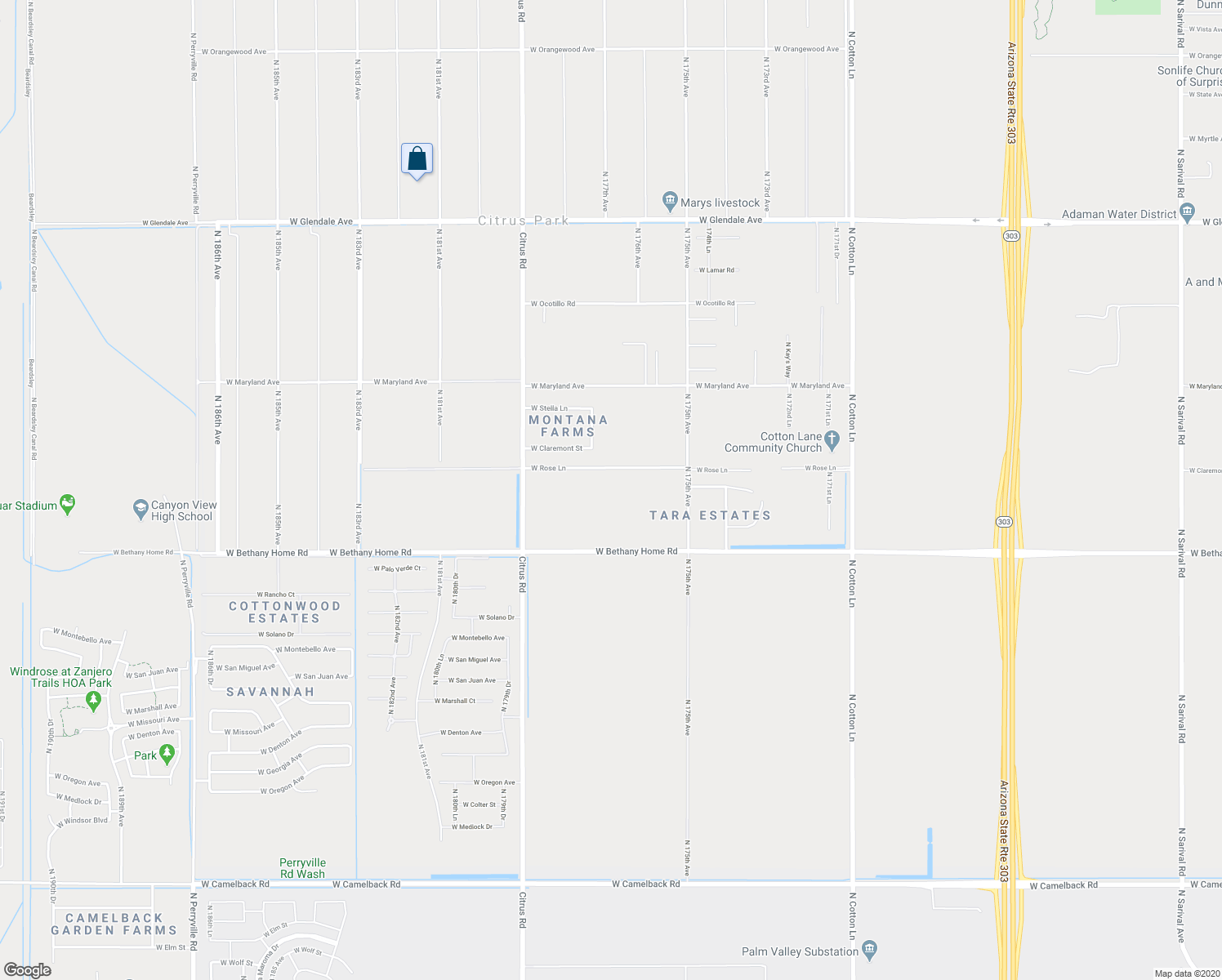 map of restaurants, bars, coffee shops, grocery stores, and more near 17629 West Rose Lane in Waddell