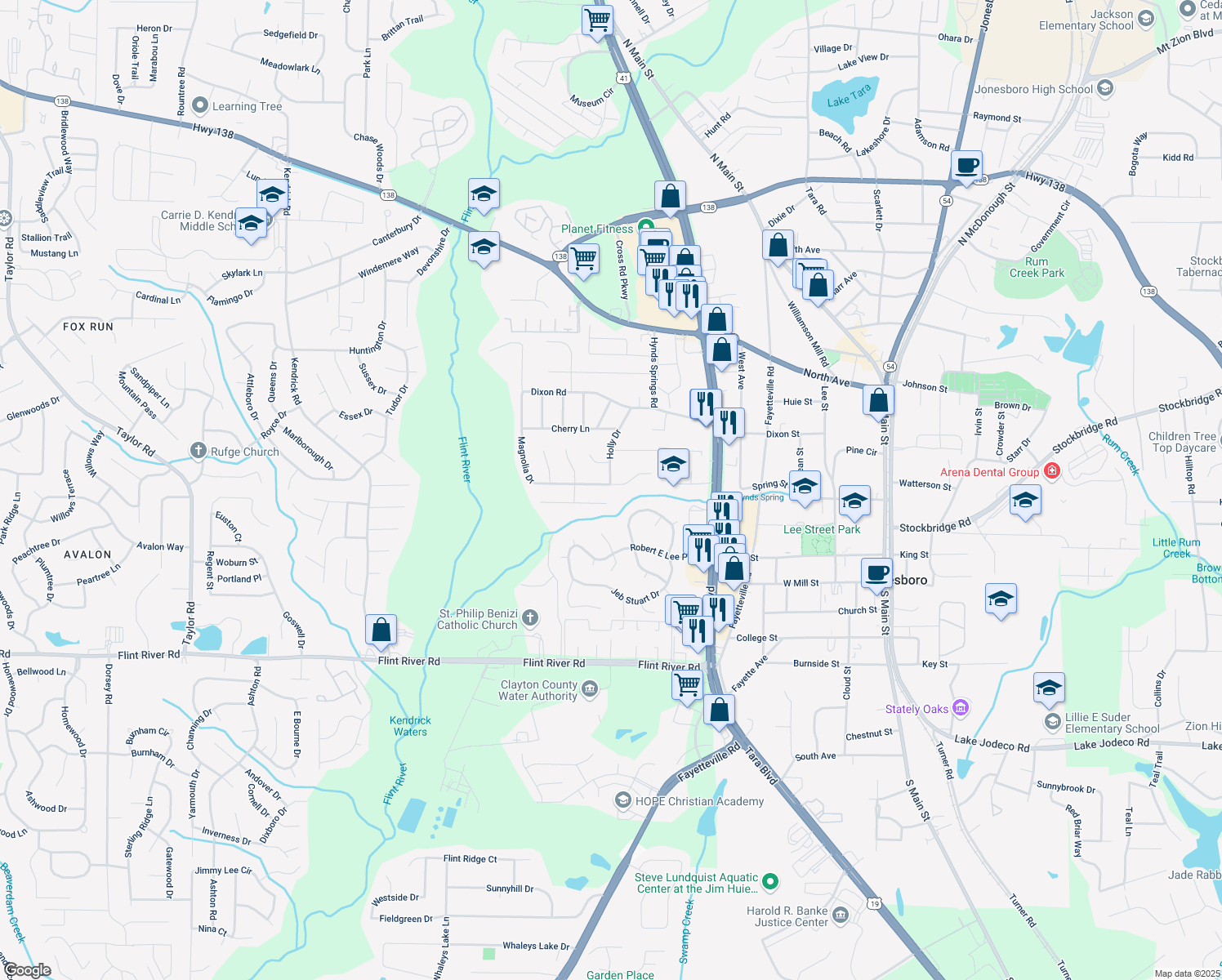 map of restaurants, bars, coffee shops, grocery stores, and more near 8451 Magnolia Drive in Jonesboro
