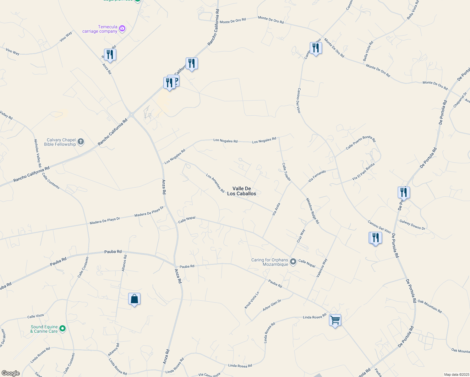 map of restaurants, bars, coffee shops, grocery stores, and more near 41026 Los Amantes Road in Temecula