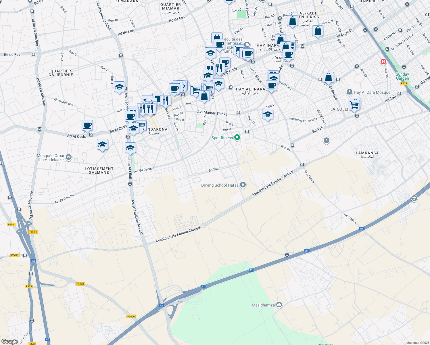 map of restaurants, bars, coffee shops, grocery stores, and more near in Casablanca