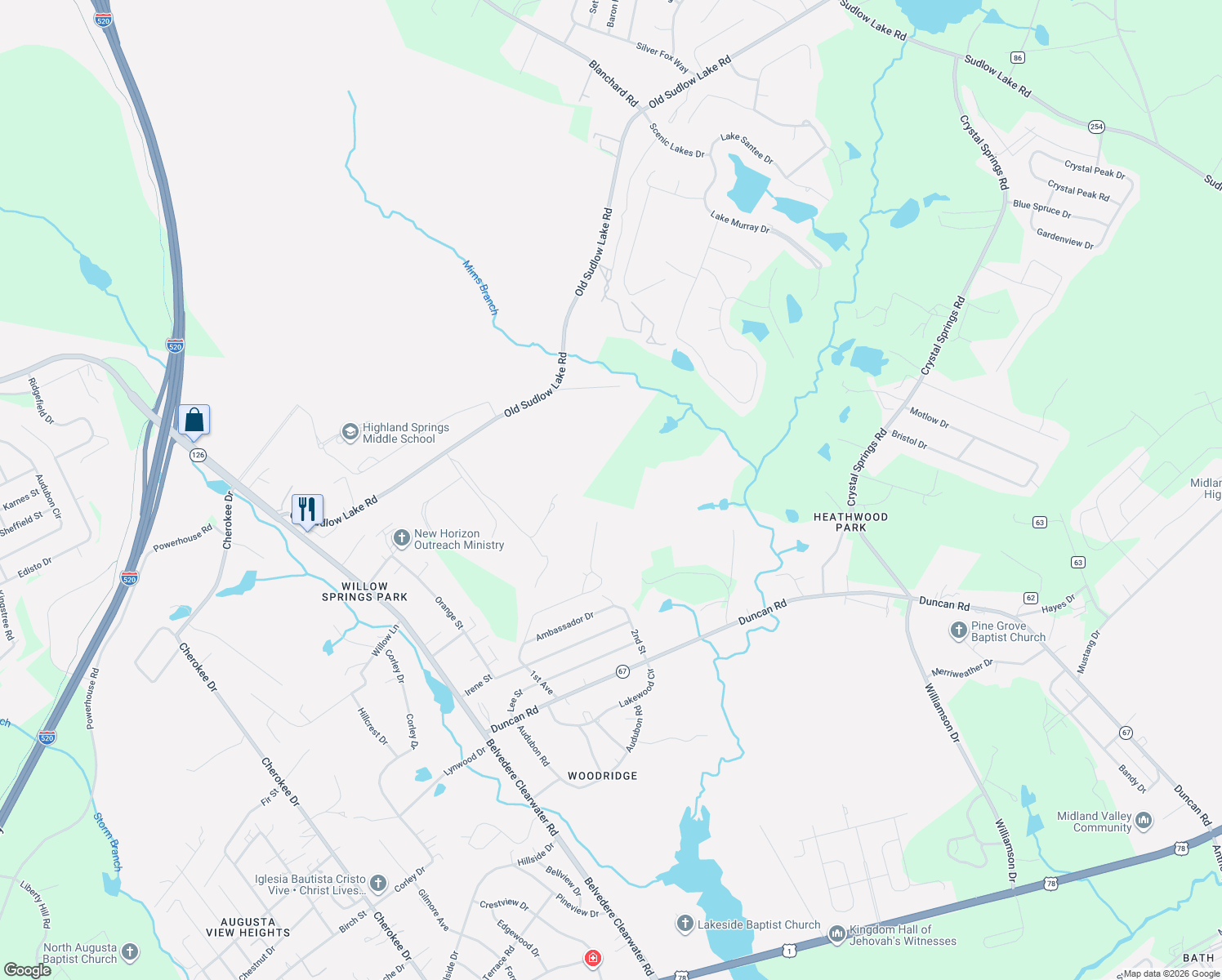 map of restaurants, bars, coffee shops, grocery stores, and more near 55 Emerald Drive in North Augusta