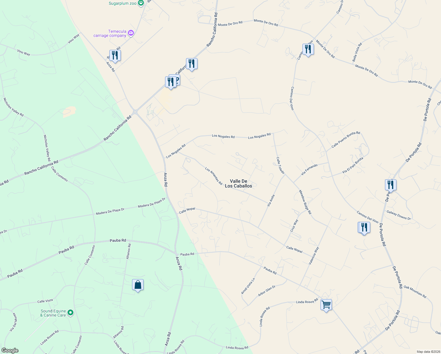 map of restaurants, bars, coffee shops, grocery stores, and more near 40752 Los Amantes Road in Temecula