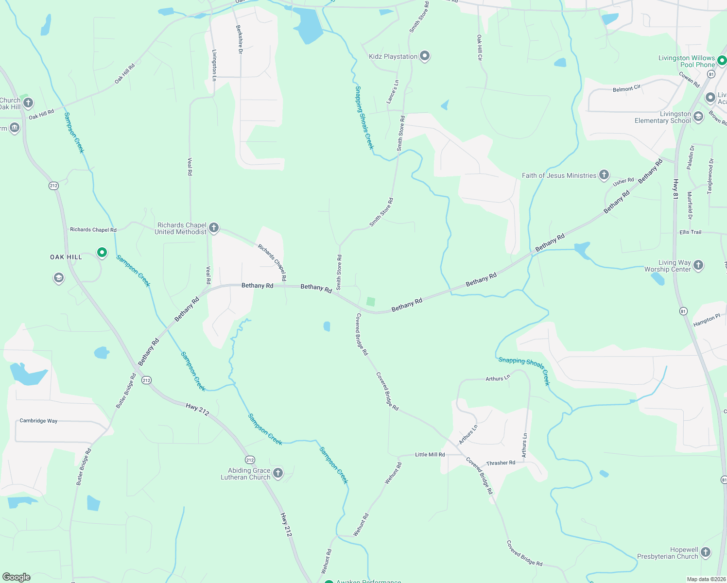 map of restaurants, bars, coffee shops, grocery stores, and more near 1020 Bethany Road in Covington