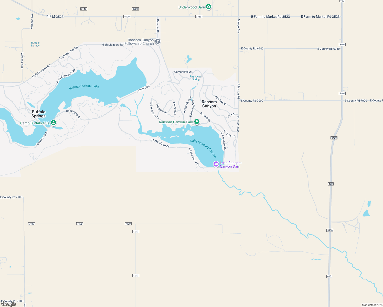 map of restaurants, bars, coffee shops, grocery stores, and more near 18 S Lake Shore Dr in Ransom Canyon