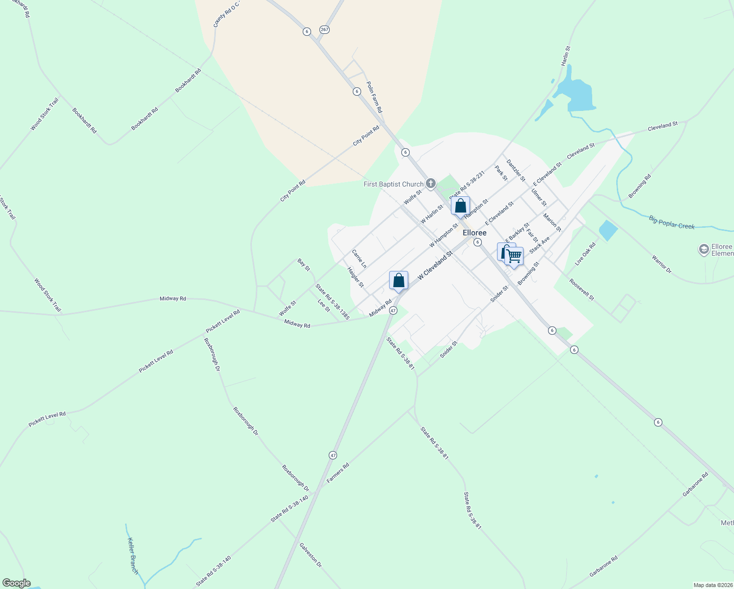 map of restaurants, bars, coffee shops, grocery stores, and more near 306 Haigler Street in Elloree