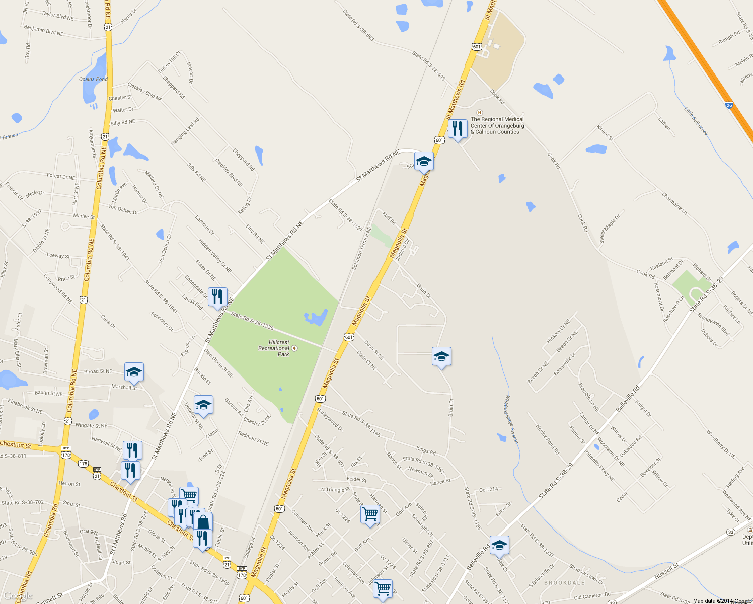 map of restaurants, bars, coffee shops, grocery stores, and more near 886 Solomon Terrace in Orangeburg