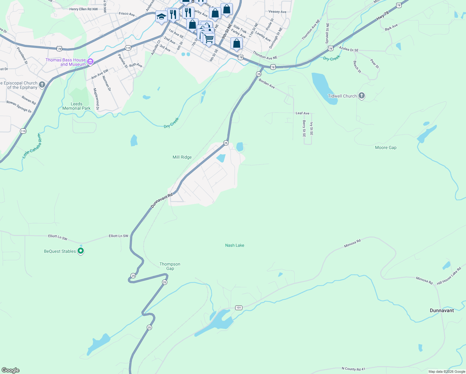 map of restaurants, bars, coffee shops, grocery stores, and more near 195 Walnut Street Southeast in Leeds